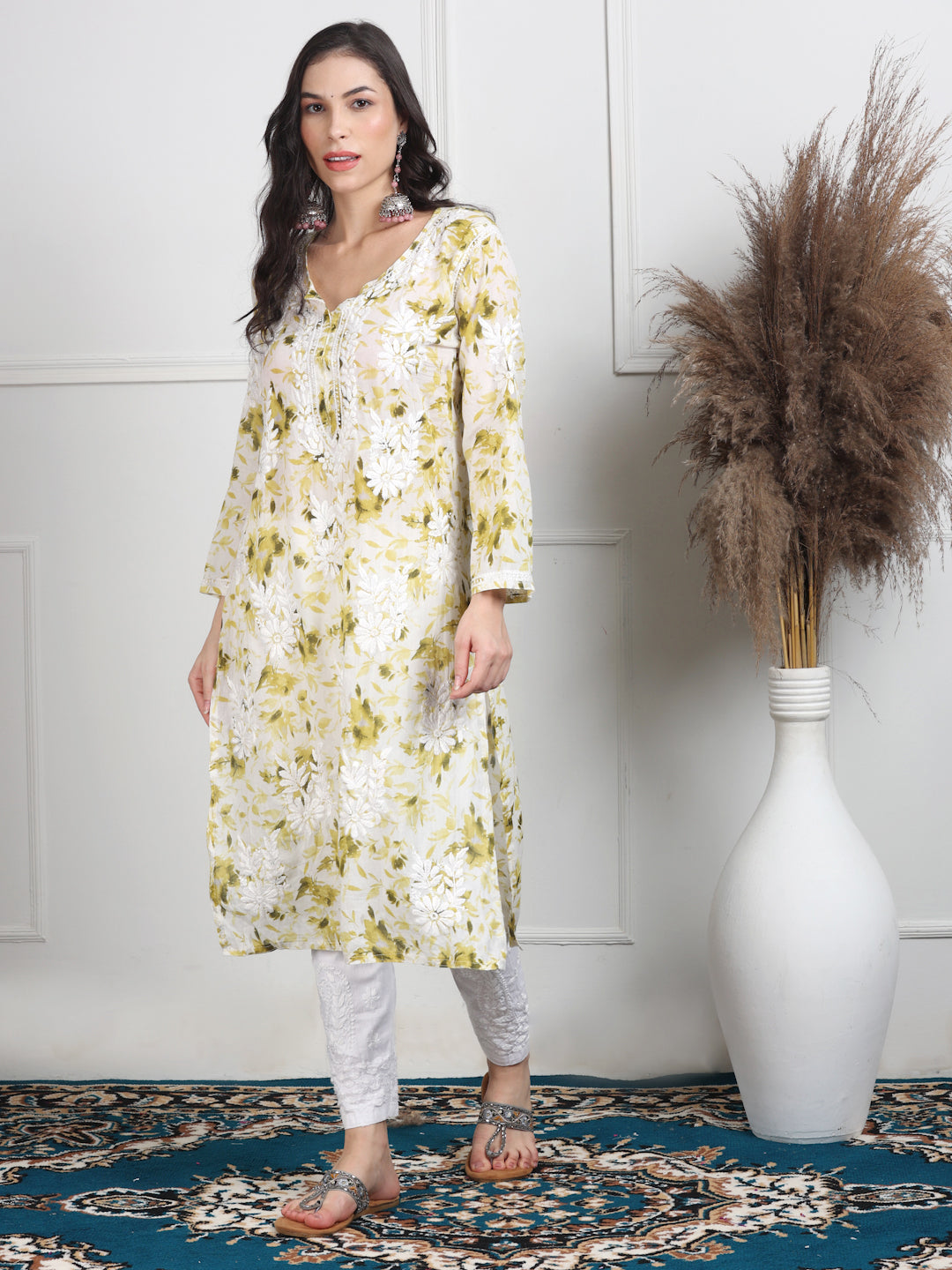 Women's White Base Pure Mulmul Floral Print Lucknowi Chikankari Straight Long Kurti