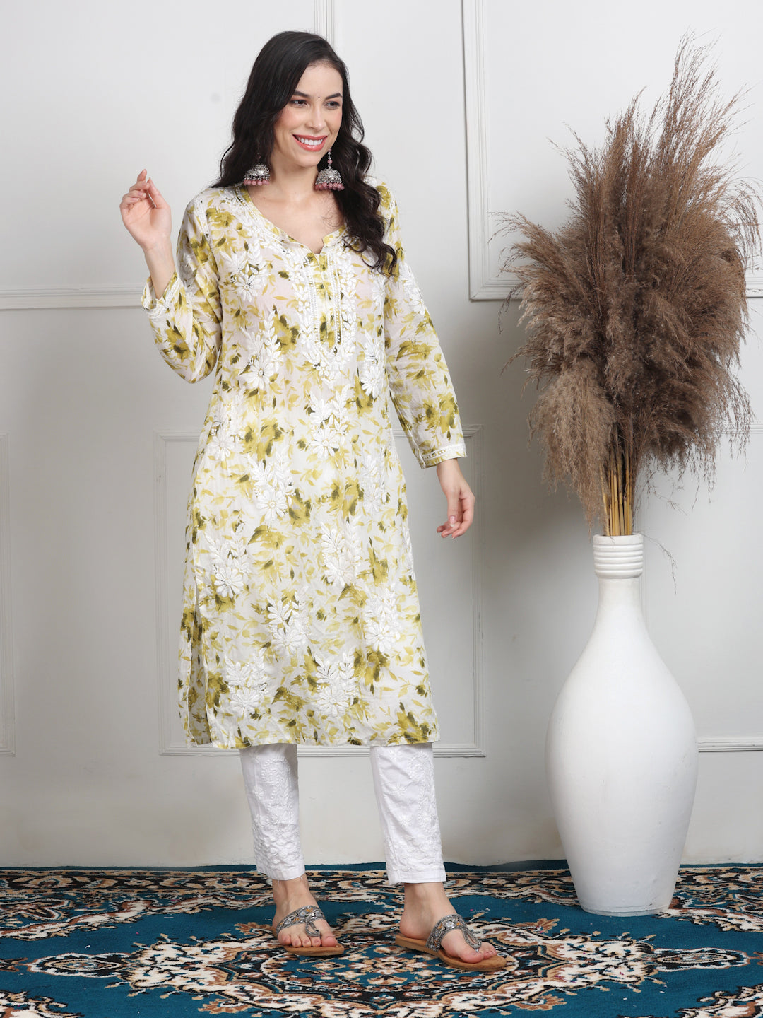 Women's White Base Pure Mulmul Floral Print Lucknowi Chikankari Straight Long Kurti