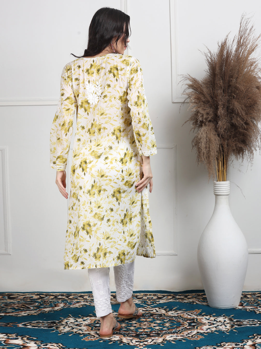 Women's White Base Pure Mulmul Floral Print Lucknowi Chikankari Straight Long Kurti