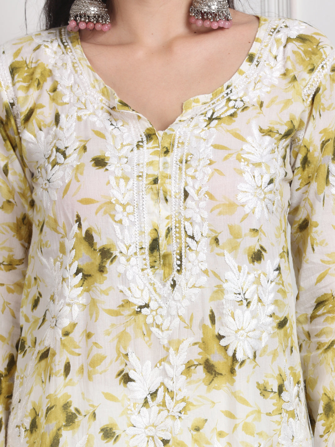 Women's White Base Pure Mulmul Floral Print Lucknowi Chikankari Straight Long Kurti