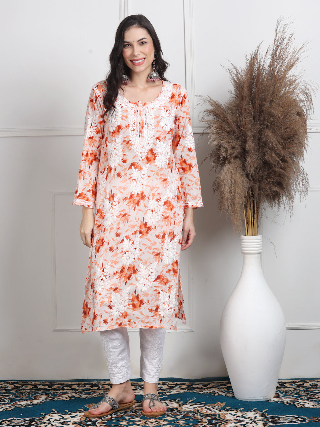 Women's White Base Pure Mulmul Floral Print Lucknowi Chikankari Straight Long Kurti