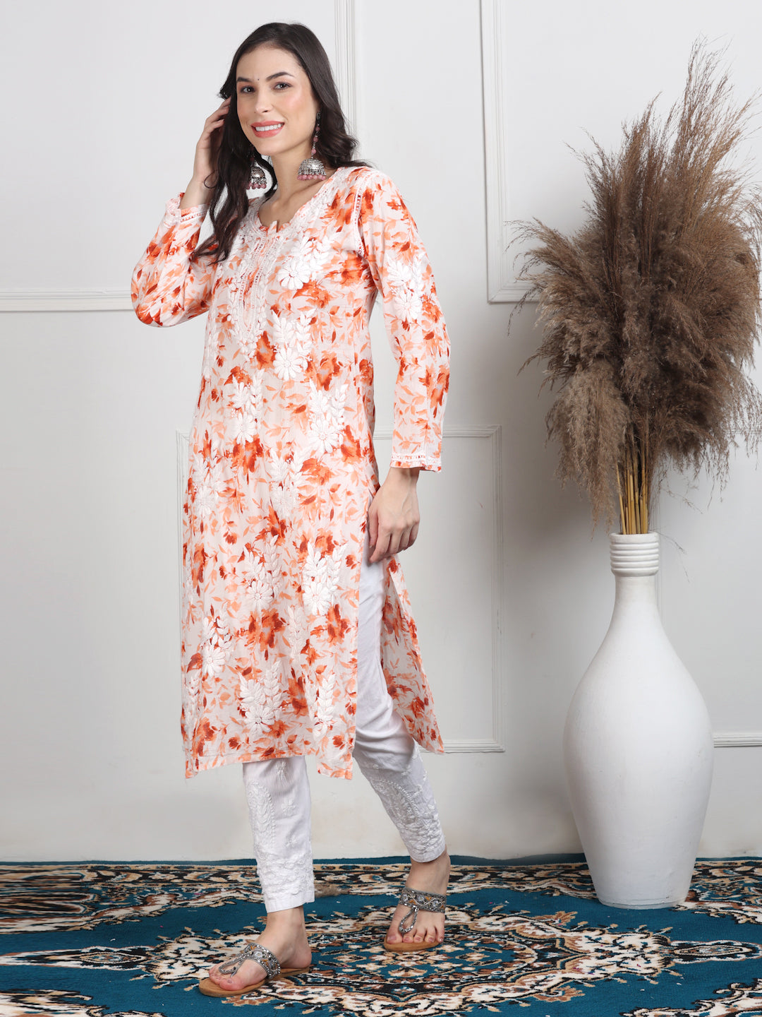 Women's White Base Pure Mulmul Floral Print Lucknowi Chikankari Straight Long Kurti