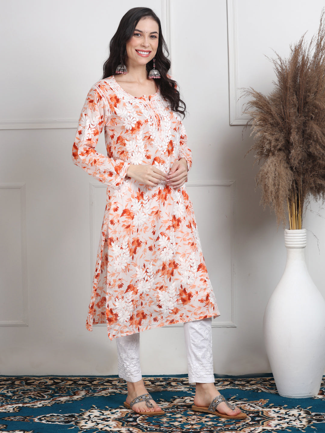 Women's White Base Pure Mulmul Floral Print Lucknowi Chikankari Straight Long Kurti