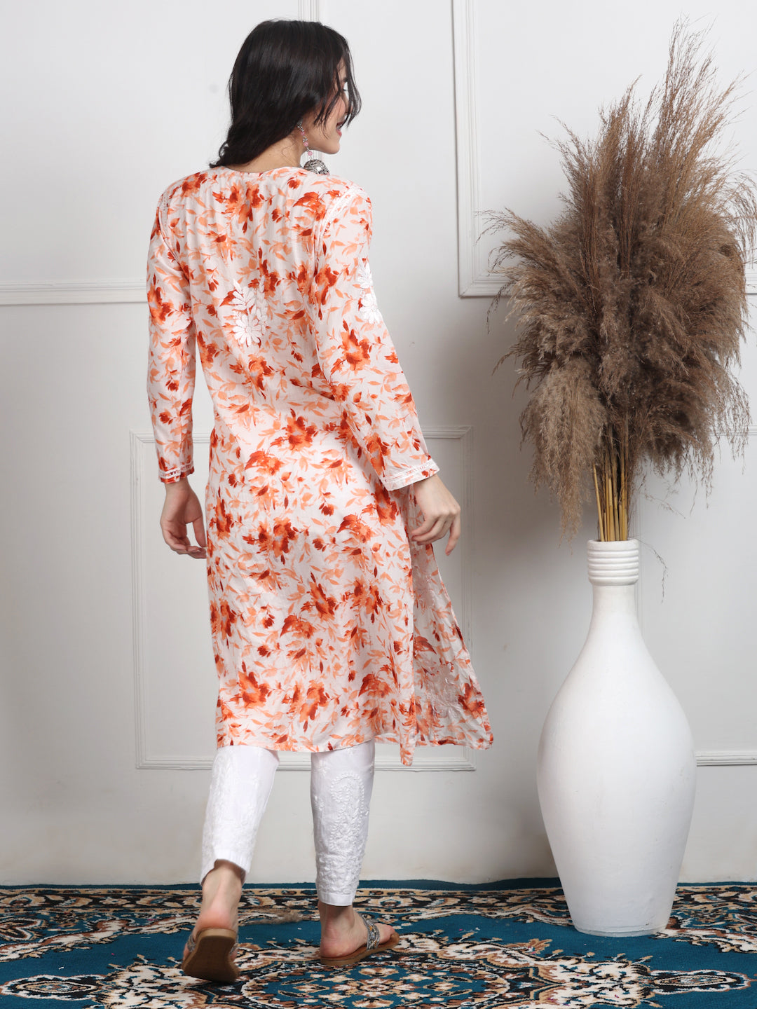 Women's White Base Pure Mulmul Floral Print Lucknowi Chikankari Straight Long Kurti