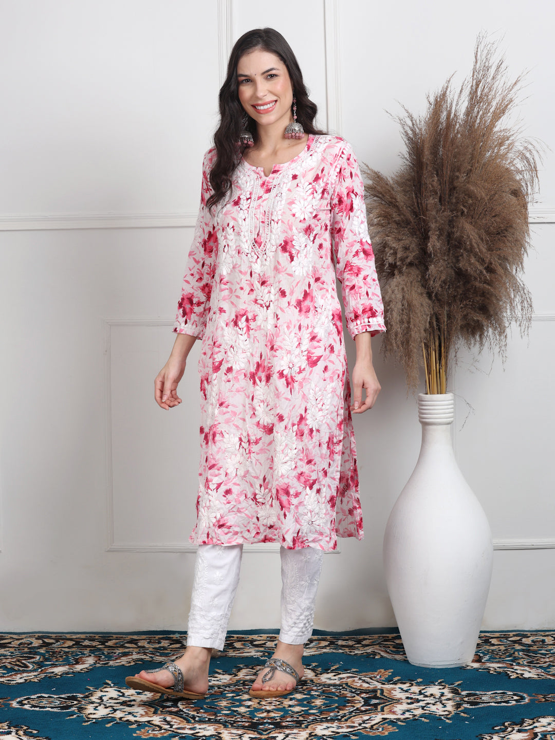 Women's White Base Pure Mulmul Floral Print Lucknowi Chikankari Straight Long Kurti