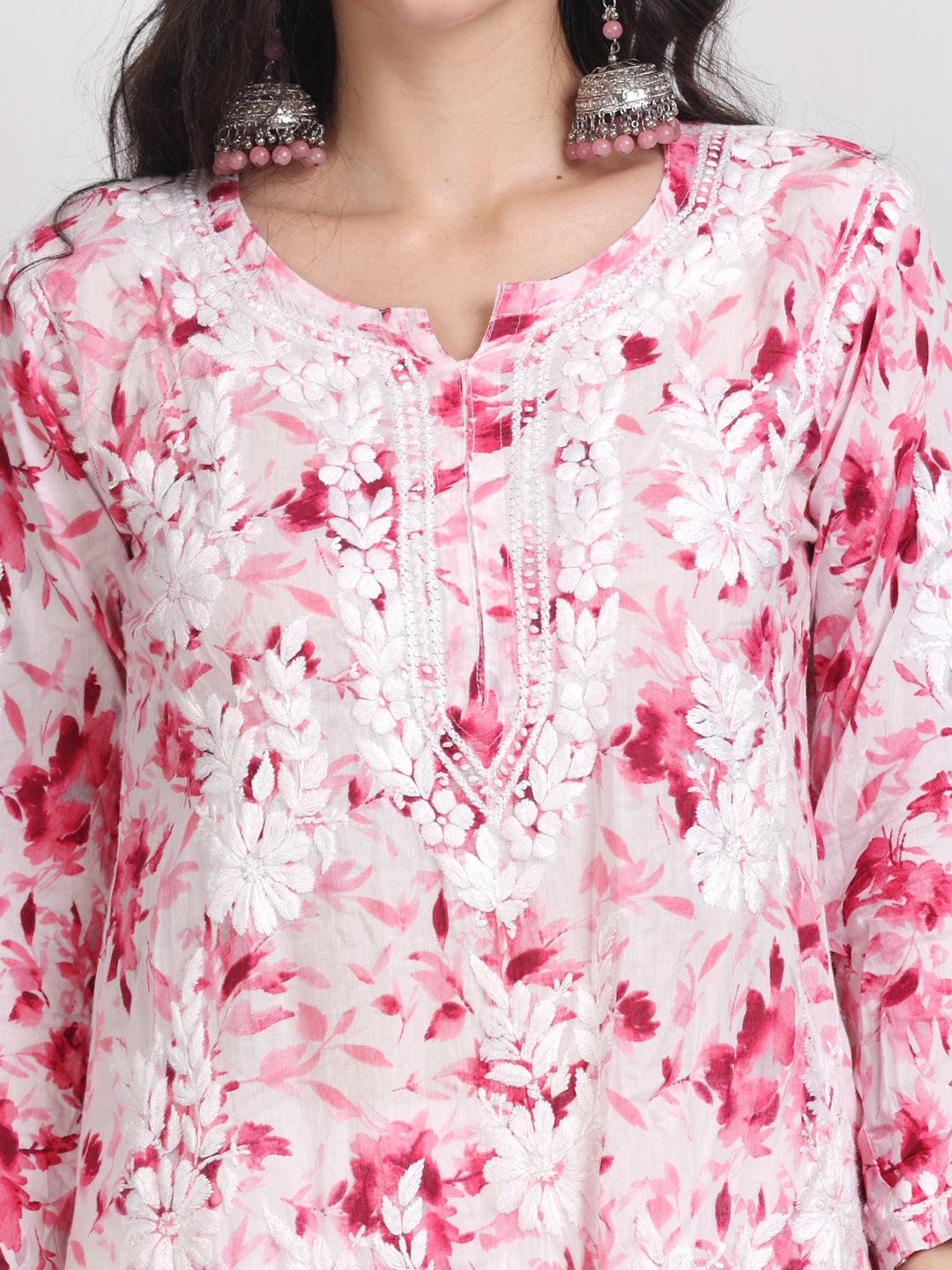 Women's White Base Pure Mulmul Floral Print Lucknowi Chikankari Straight Long Kurti