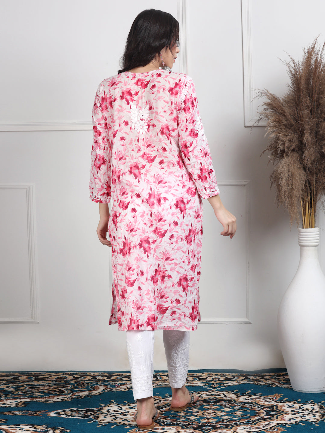 Women's White Base Pure Mulmul Floral Print Lucknowi Chikankari Straight Long Kurti