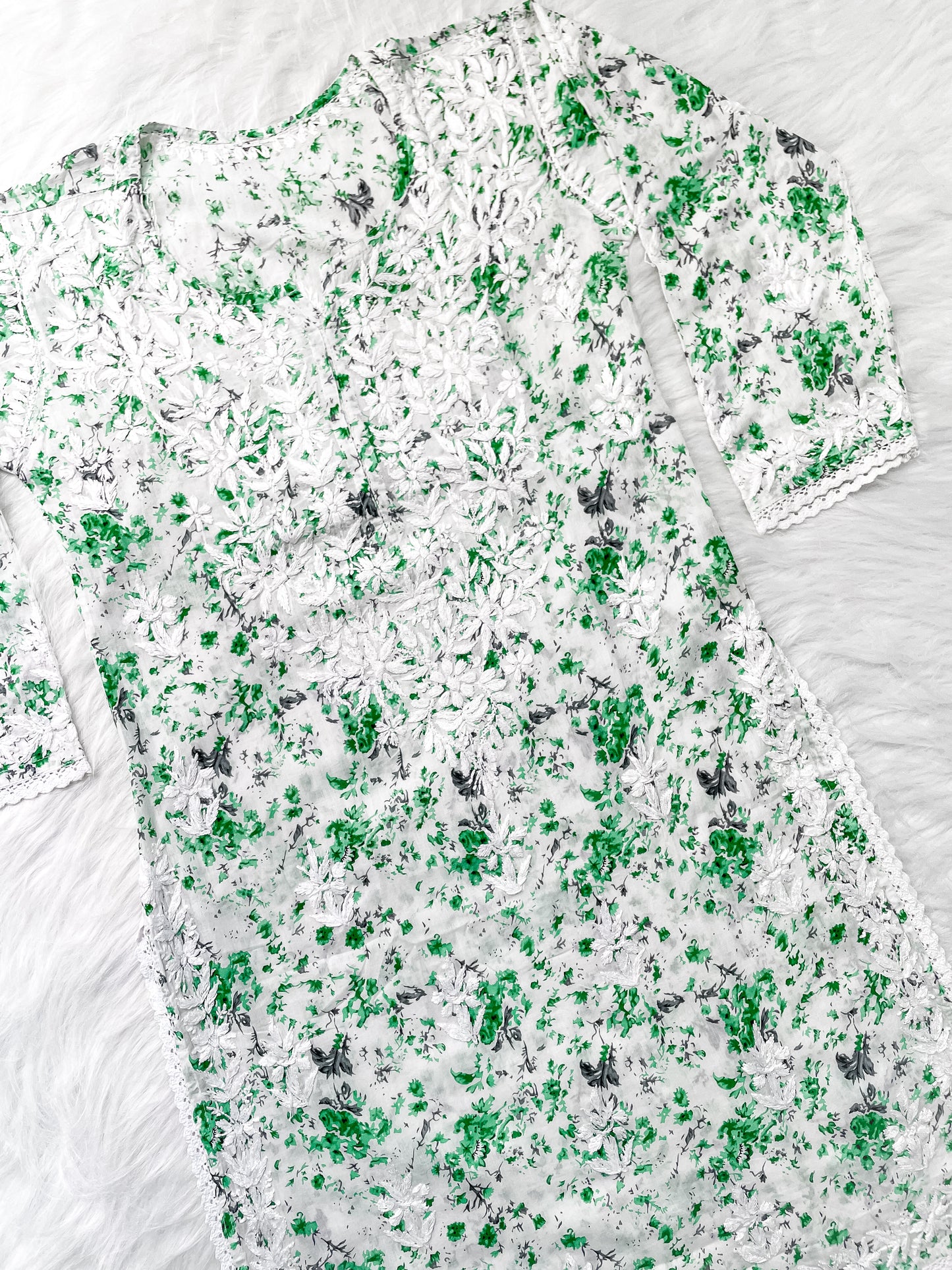 Chikankari Hand Embroidery White Base Mulmul Floral Print Kurti & Palazzo Set For Women
