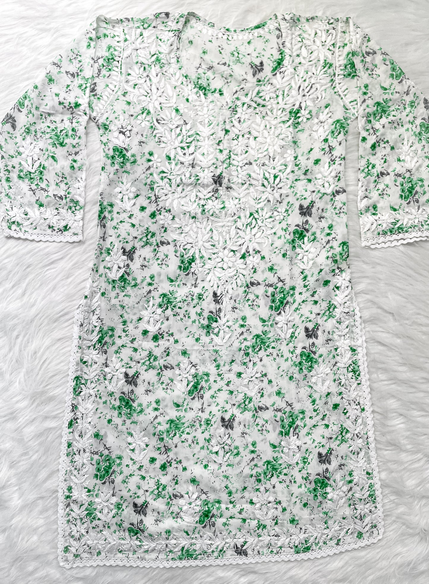 Chikankari Hand Embroidery White Base Mulmul Floral Print Kurti & Palazzo Set For Women