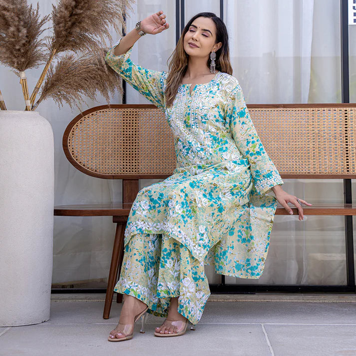 Women's Lucknowi Chikankari Handwork Mulmul Print Kurti & Palazzo Set