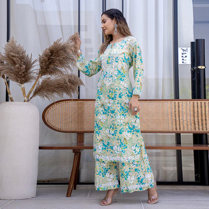 Women's Lucknowi Chikankari Handwork Mulmul Print Kurti & Palazzo Set