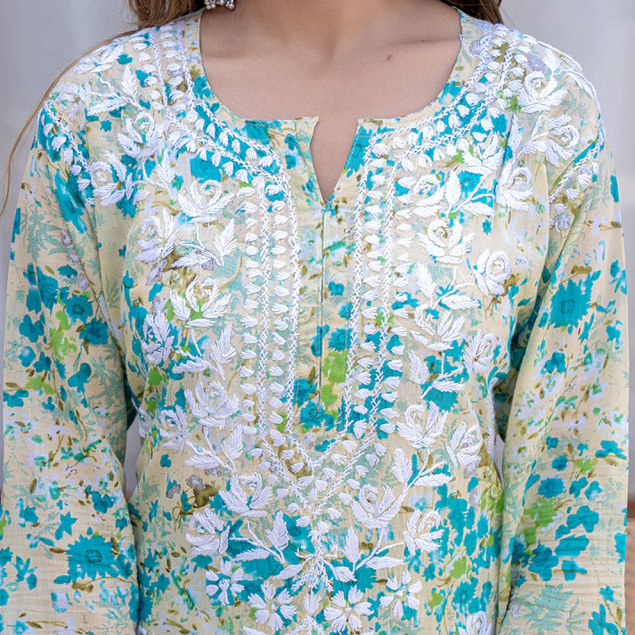 Women's Lucknowi Chikankari Handwork Mulmul Print Kurti & Palazzo Set
