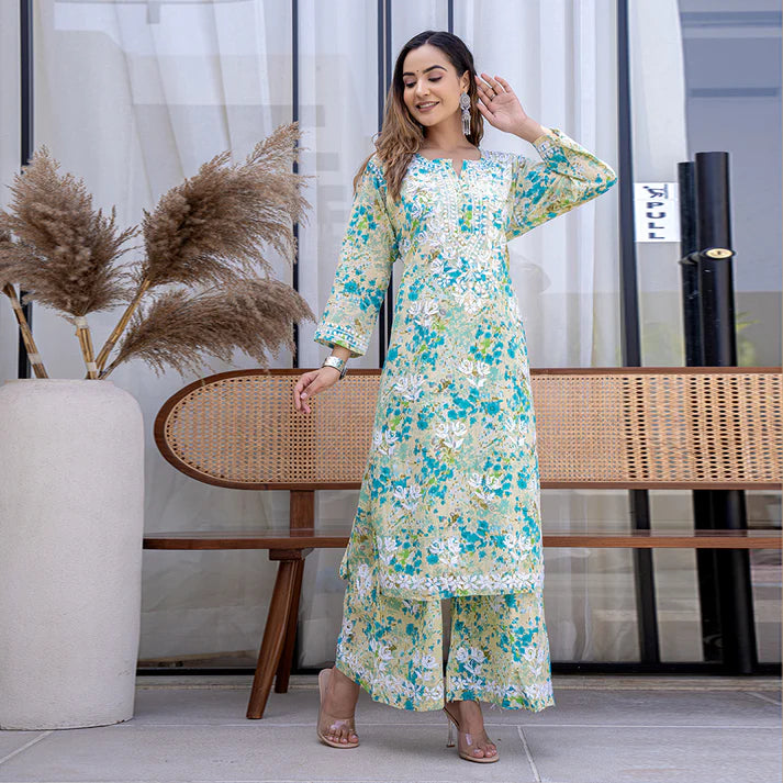 Women's Lucknowi Chikankari Handwork Mulmul Print Kurti & Palazzo Set