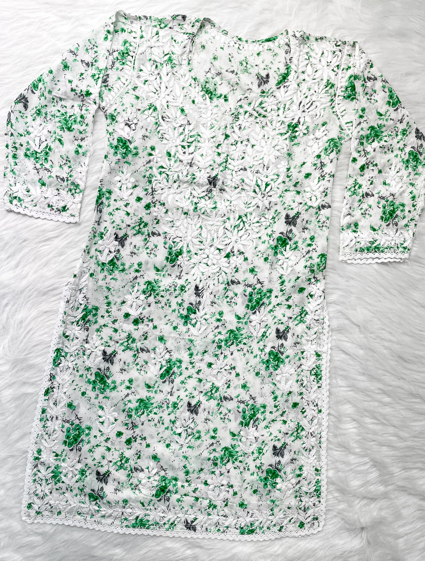 Chikankari Hand Embroidery White Base Mulmul Floral Print Kurti & Palazzo Set For Women