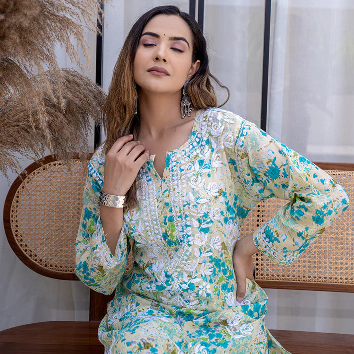 Women's Lucknowi Chikankari Handwork Mulmul Print Kurti & Palazzo Set