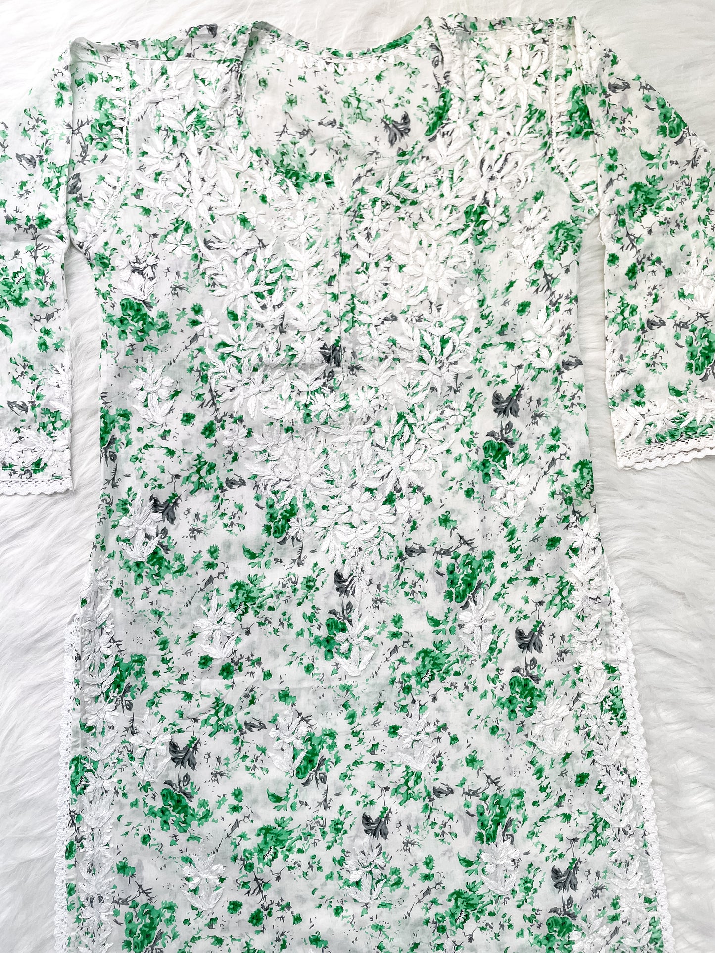 Chikankari Hand Embroidery White Base Mulmul Floral Print Kurti & Palazzo Set For Women