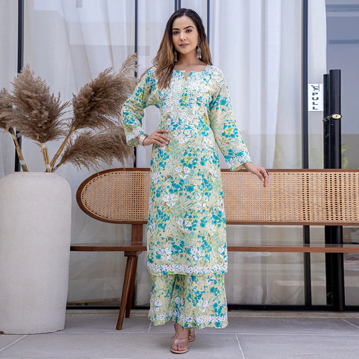 Women's Lucknowi Chikankari Handwork Mulmul Print Kurti & Palazzo Set