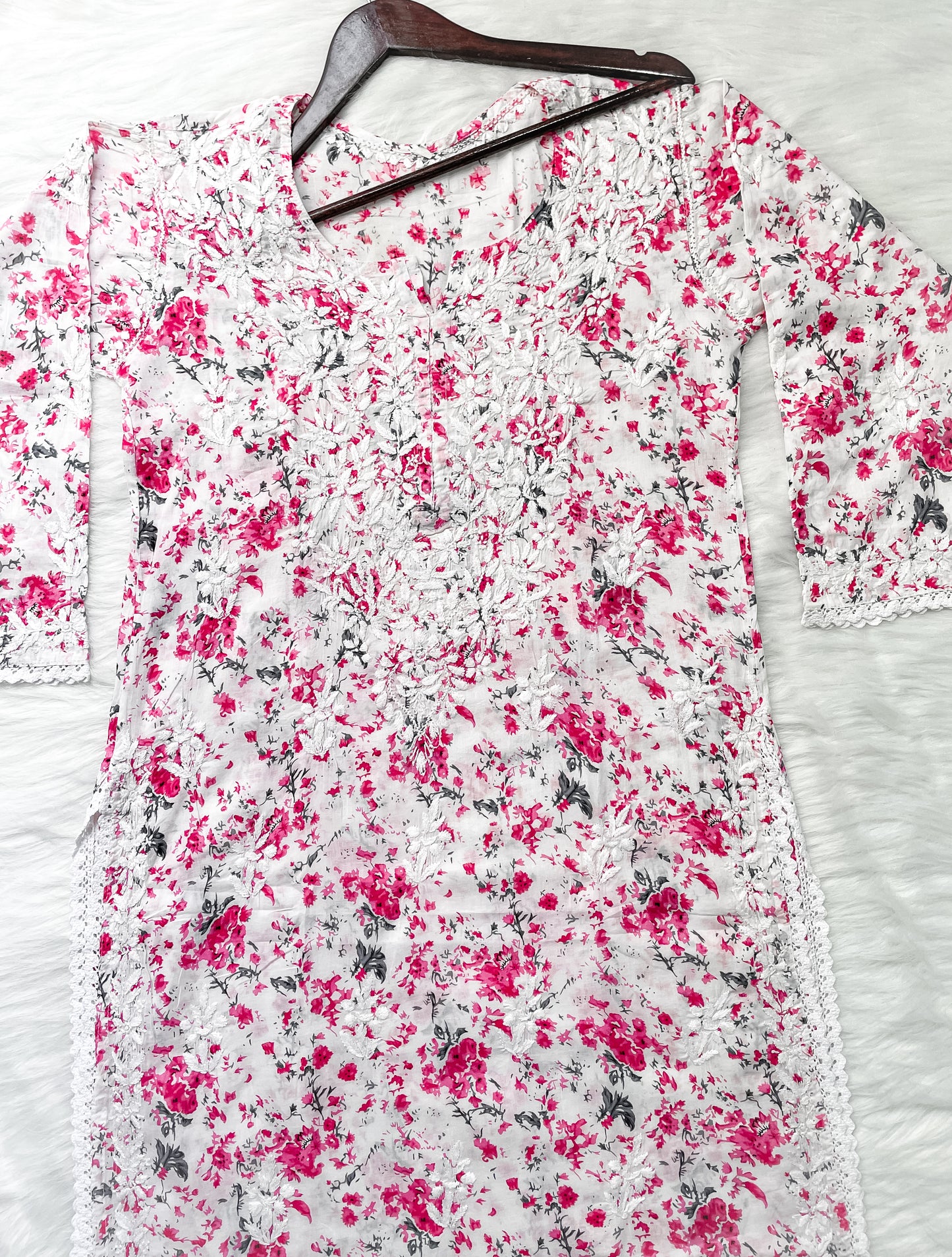 Chikankari Hand Embroidery White Base Mulmul Floral Print Kurti & Palazzo Set For Women
