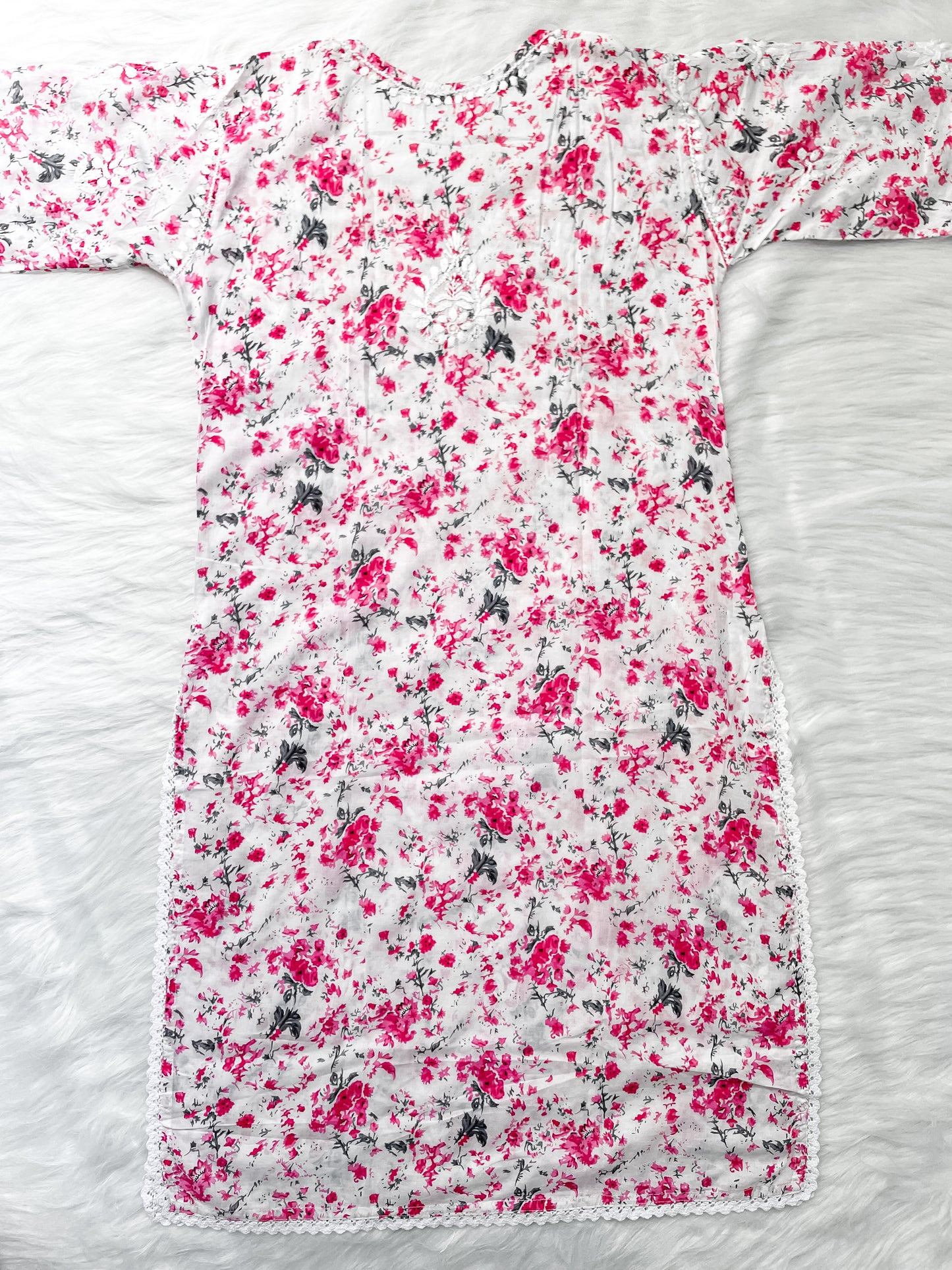 Chikankari Hand Embroidery White Base Mulmul Floral Print Kurti & Palazzo Set For Women