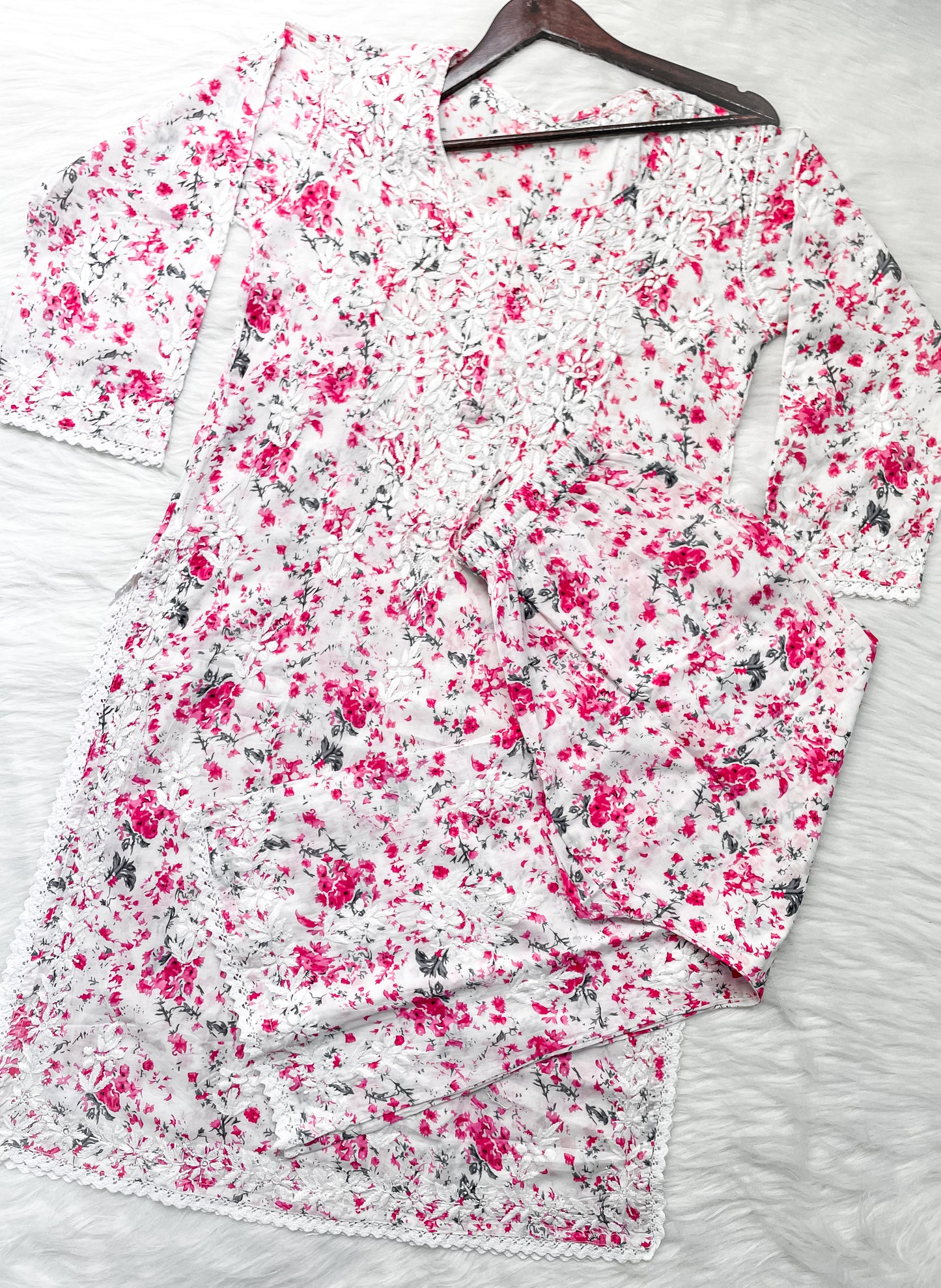 Chikankari Hand Embroidery White Base Mulmul Floral Print Kurti & Palazzo Set For Women