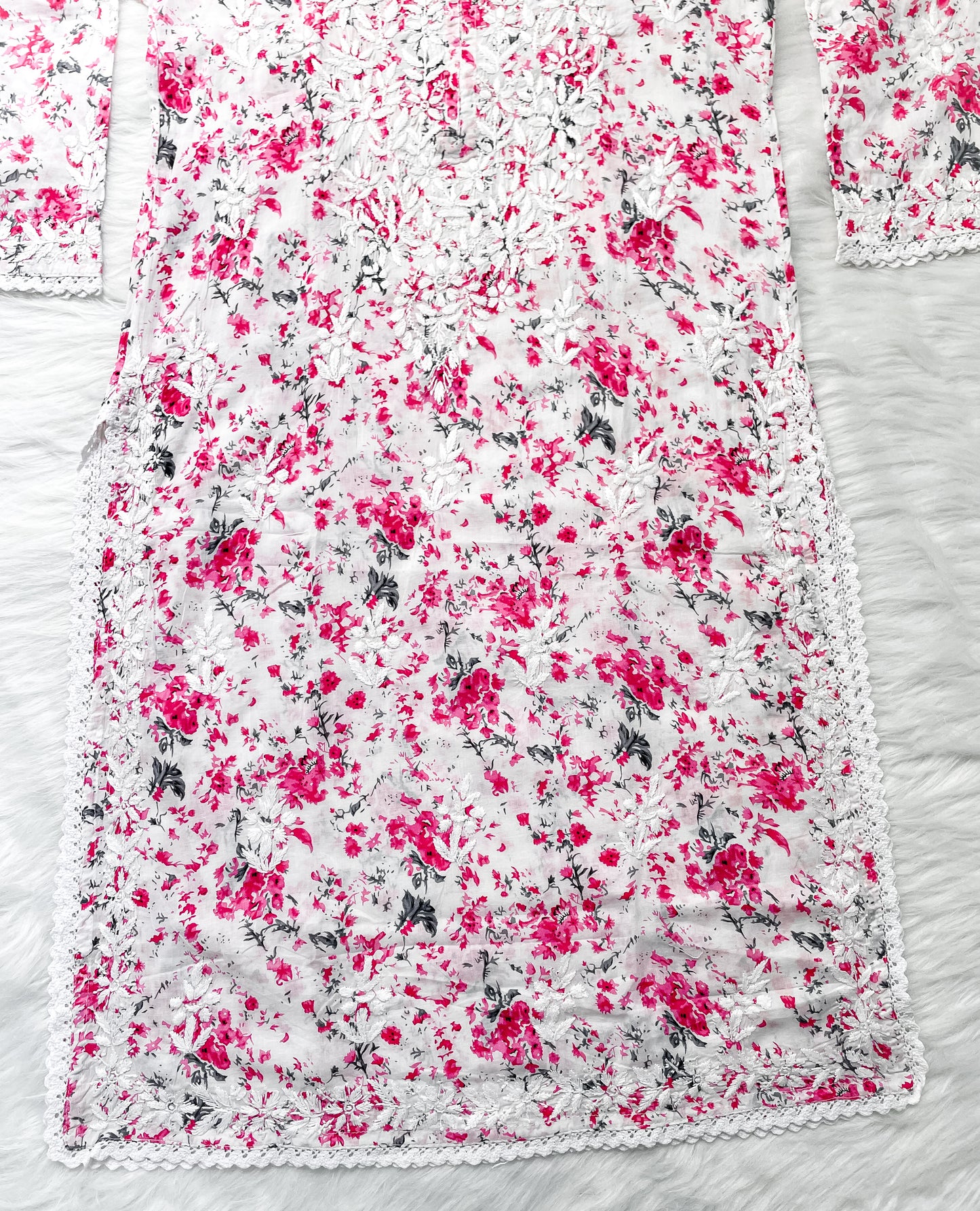 Chikankari Hand Embroidery White Base Mulmul Floral Print Kurti & Palazzo Set For Women