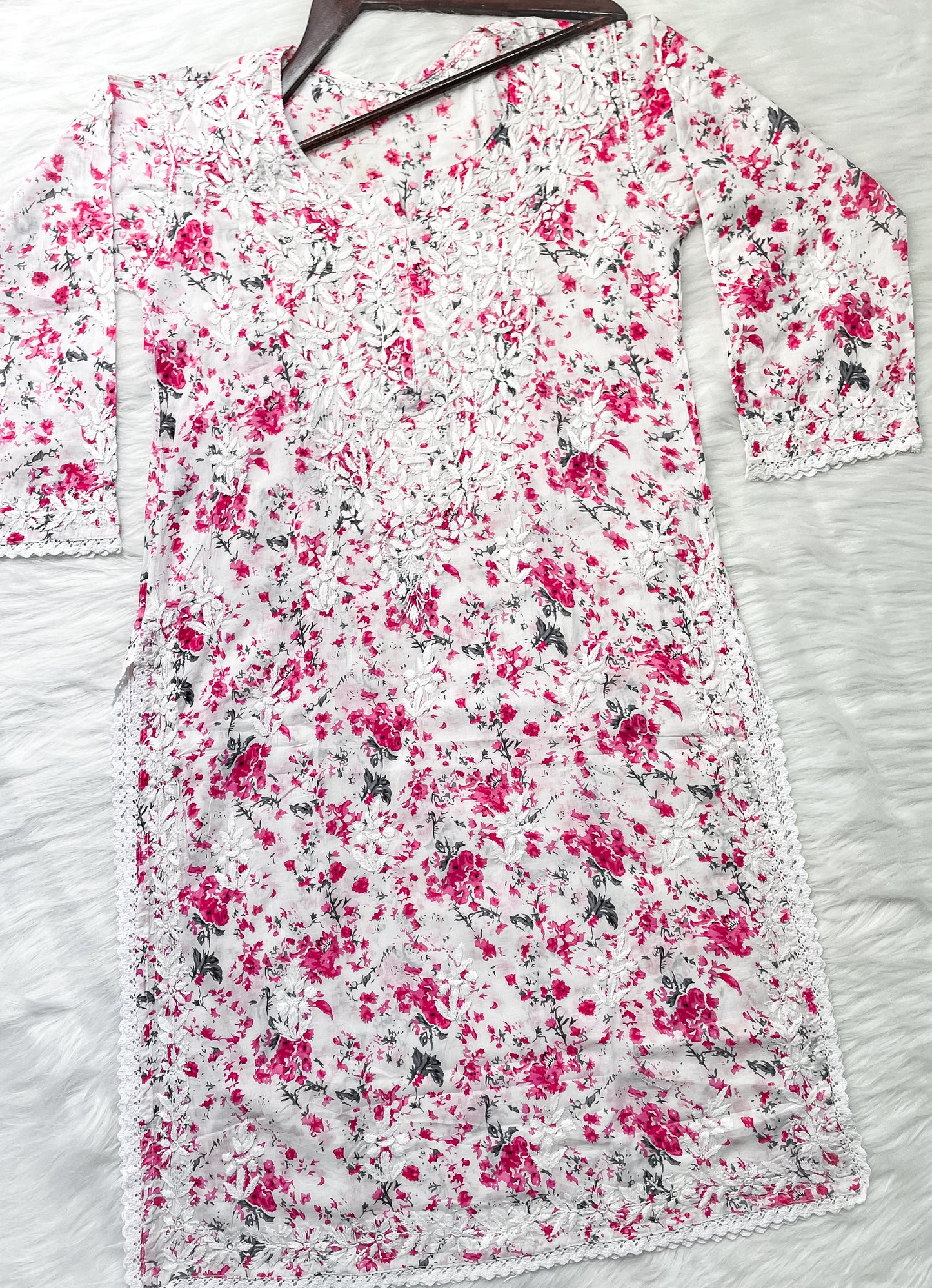 Chikankari Hand Embroidery White Base Mulmul Floral Print Kurti & Palazzo Set For Women