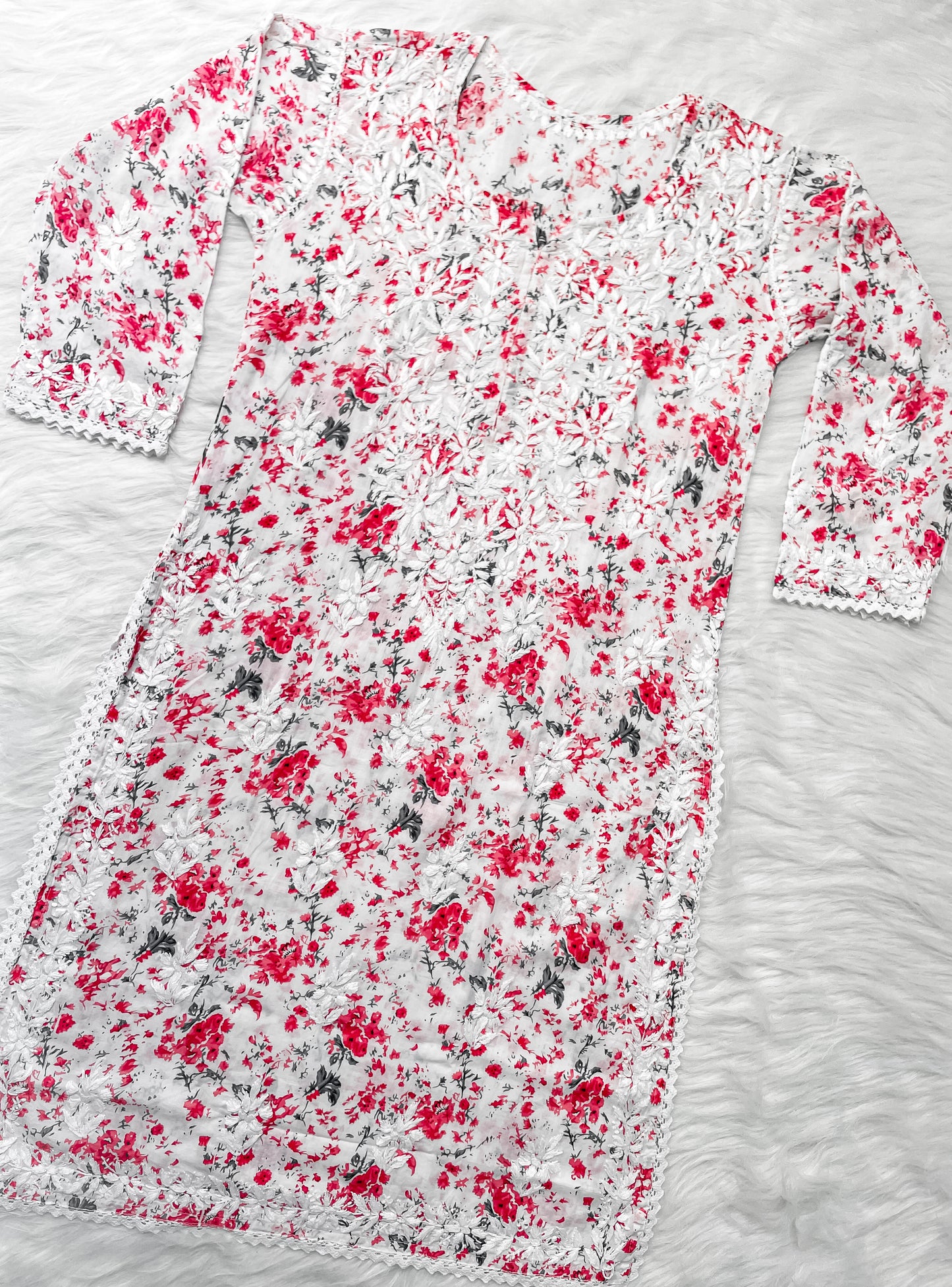 Chikankari Hand Embroidery White Base Mulmul Floral Print Kurti & Palazzo Set For Women