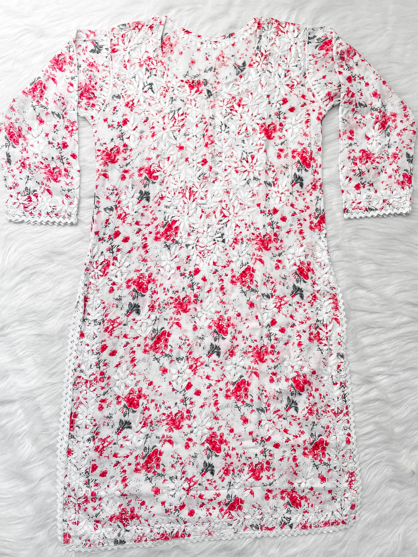 Chikankari Hand Embroidery White Base Mulmul Floral Print Kurti & Palazzo Set For Women