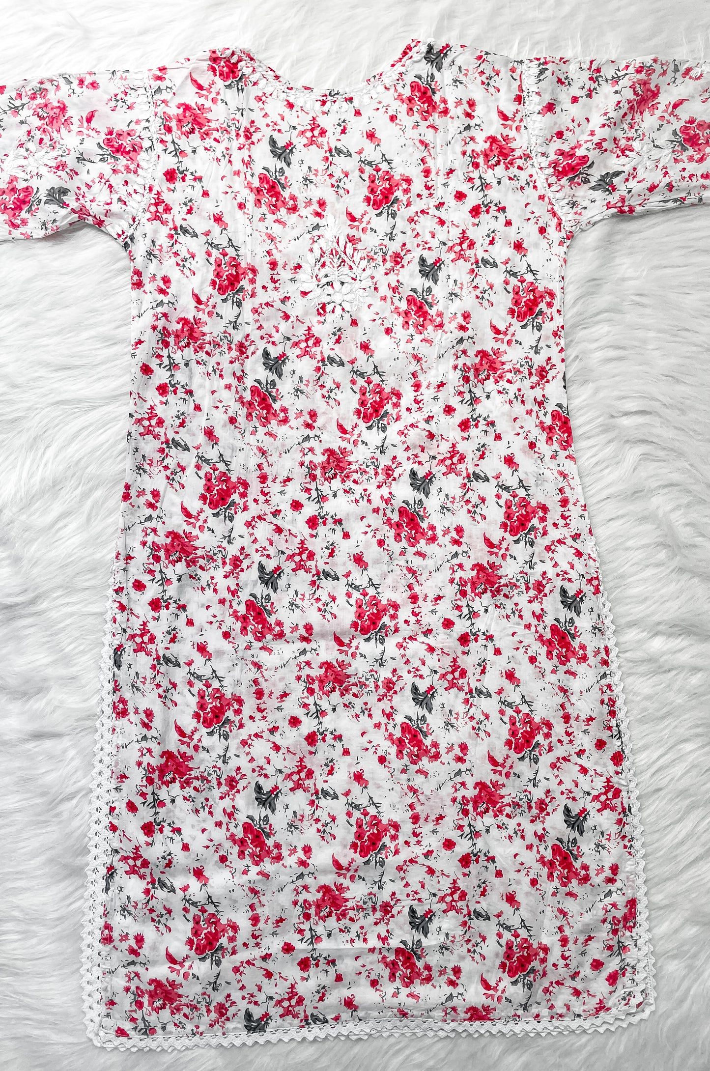 Chikankari Hand Embroidery White Base Mulmul Floral Print Kurti & Palazzo Set For Women