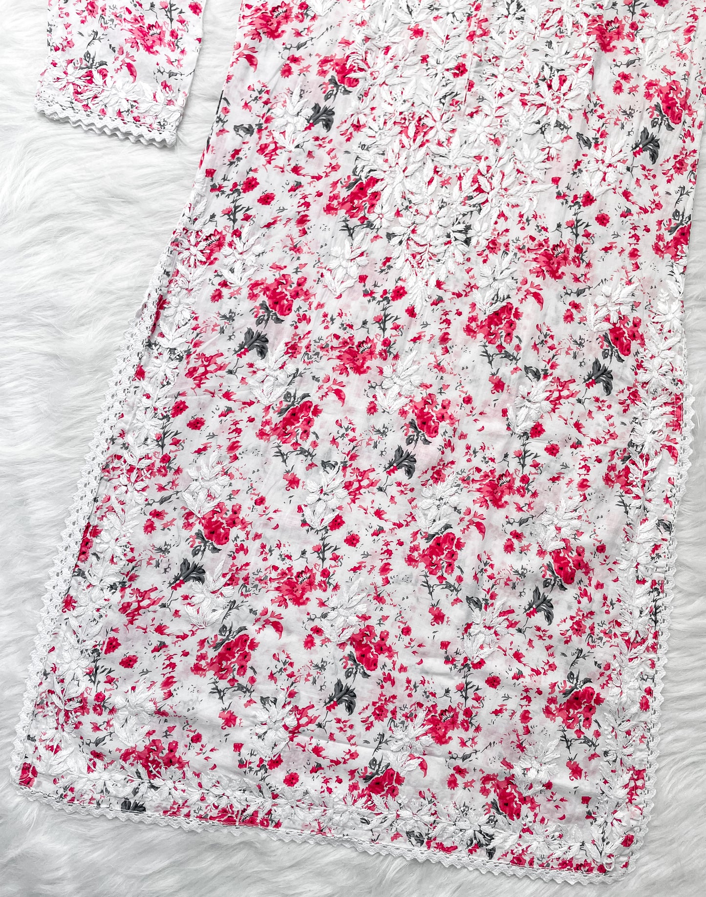 Chikankari Hand Embroidery White Base Mulmul Floral Print Kurti & Palazzo Set For Women