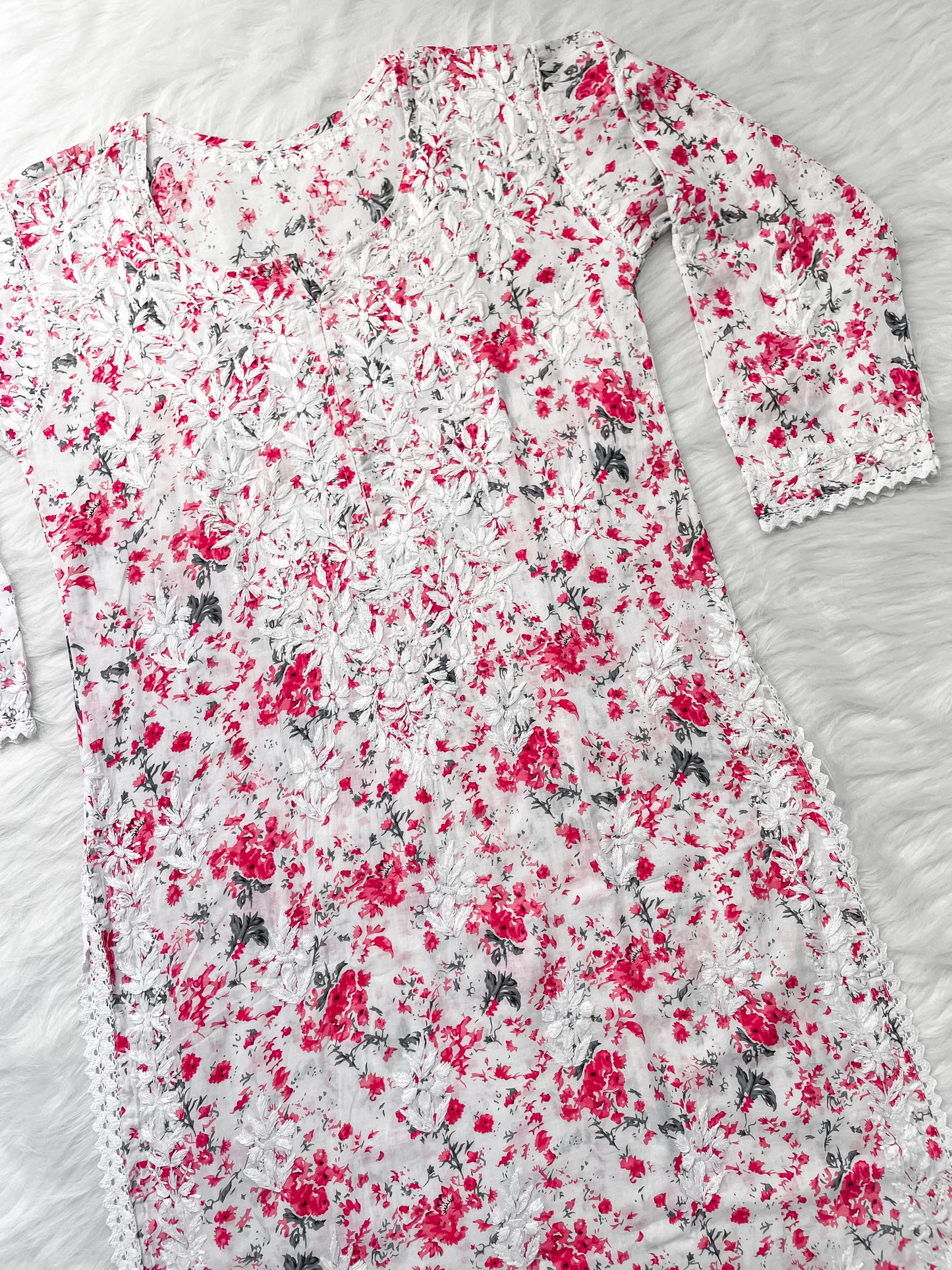 Chikankari Hand Embroidery White Base Mulmul Floral Print Kurti & Palazzo Set For Women