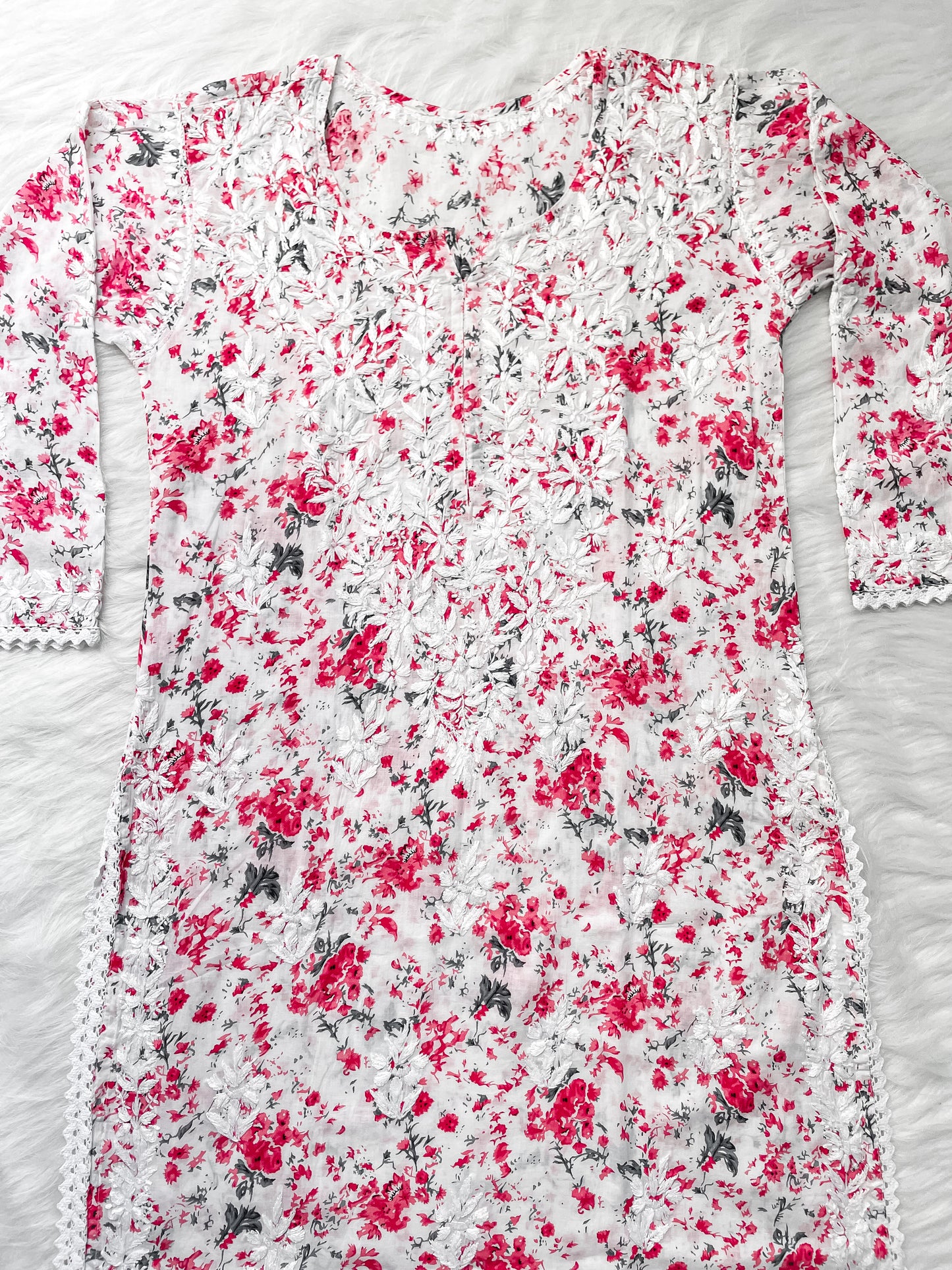 Chikankari Hand Embroidery White Base Mulmul Floral Print Kurti & Palazzo Set For Women