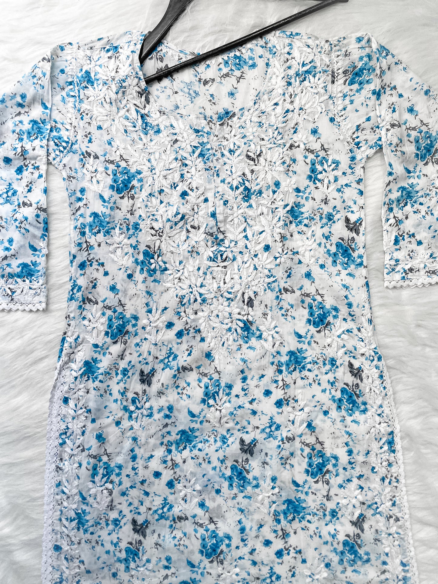 Chikankari Hand Embroidery White Base Mulmul Floral Print Kurti & Palazzo Set For Women