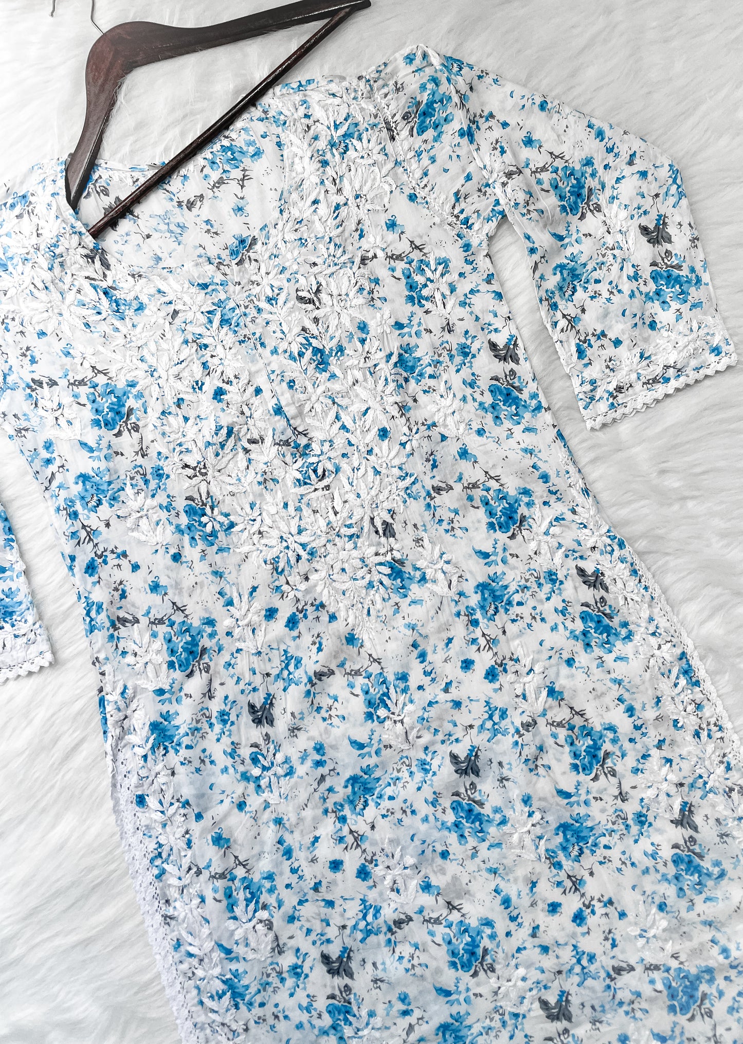 Chikankari Hand Embroidery White Base Mulmul Floral Print Kurti & Palazzo Set For Women