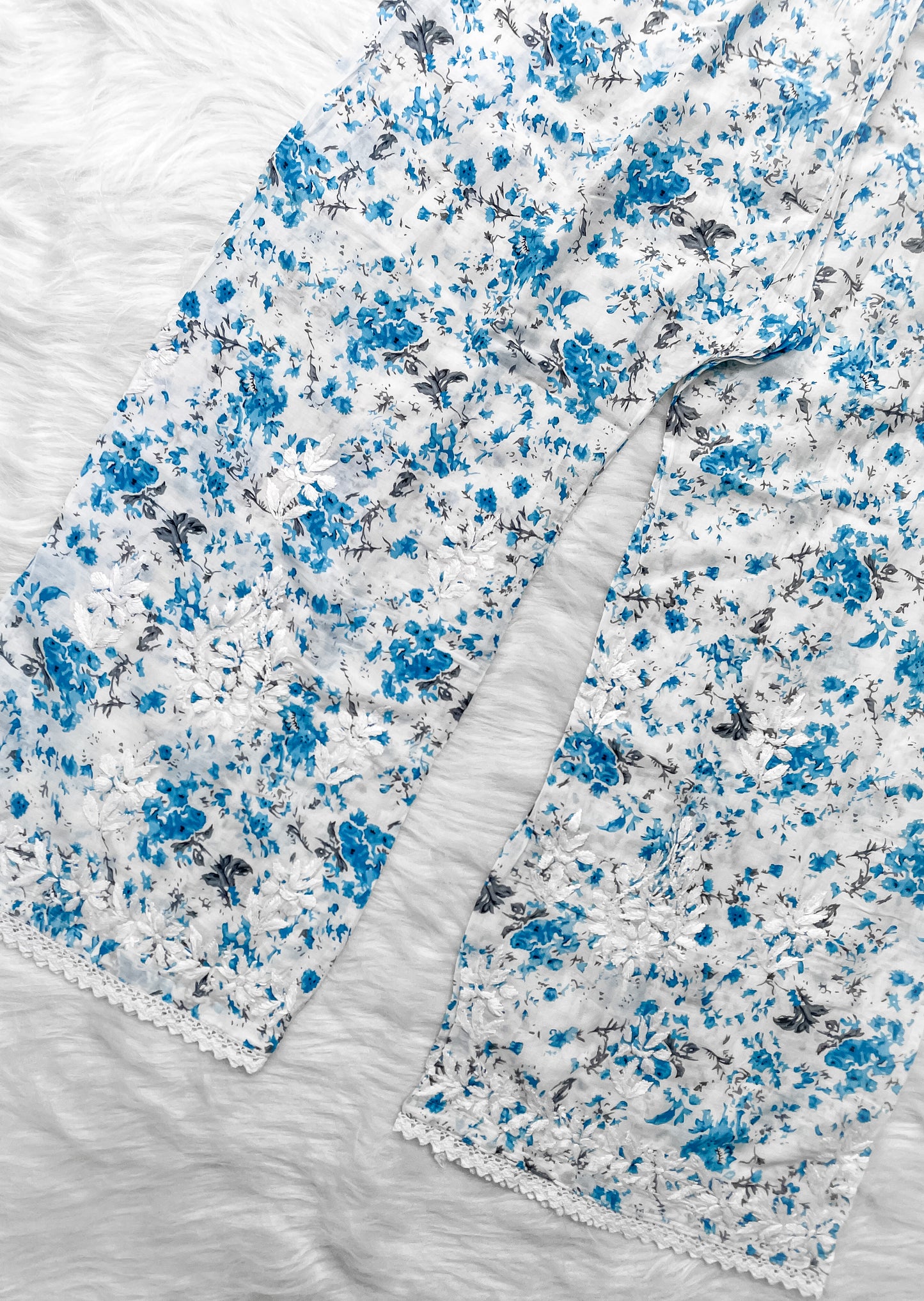 Chikankari Hand Embroidery White Base Mulmul Floral Print Kurti & Palazzo Set For Women