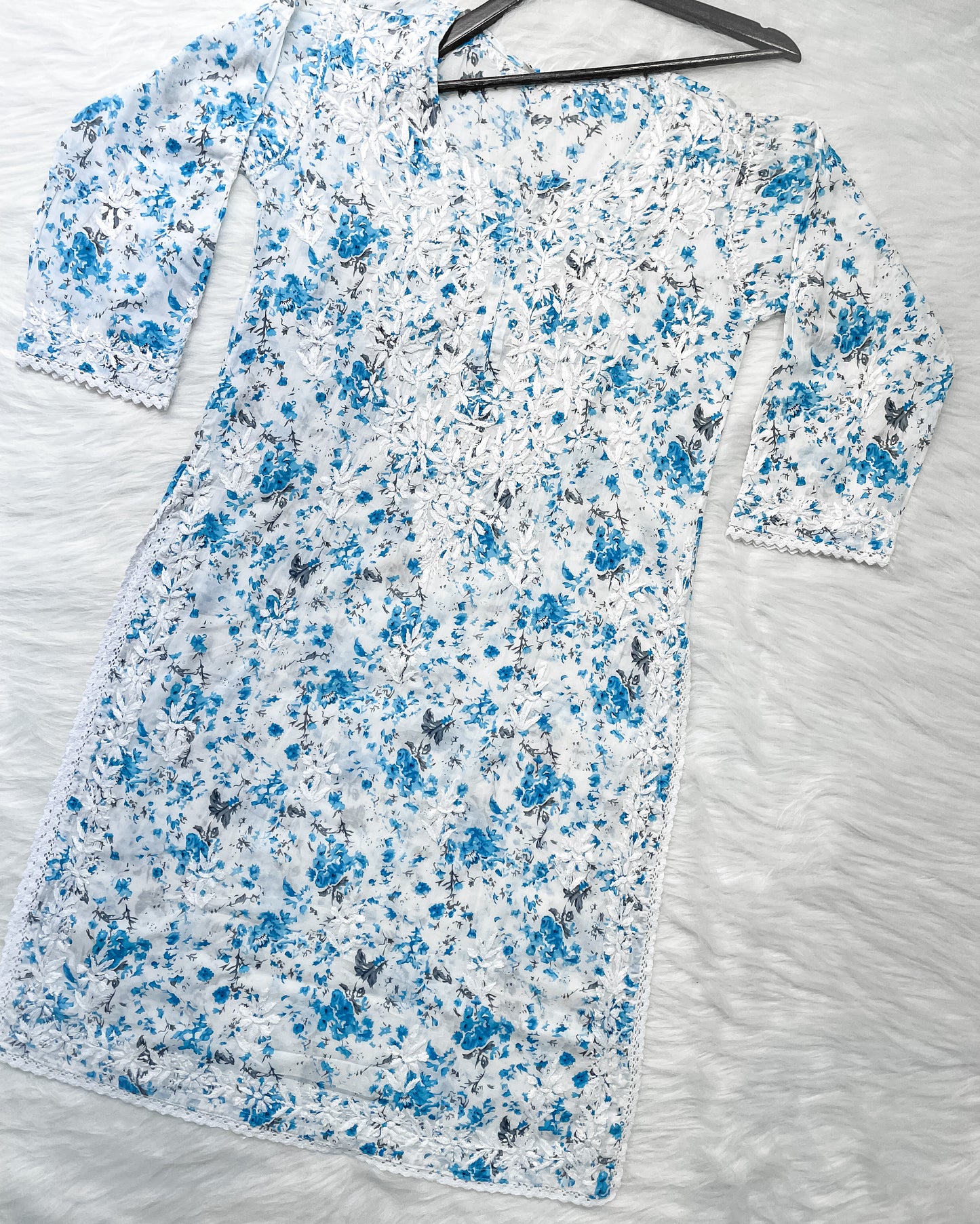 Chikankari Hand Embroidery White Base Mulmul Floral Print Kurti & Palazzo Set For Women