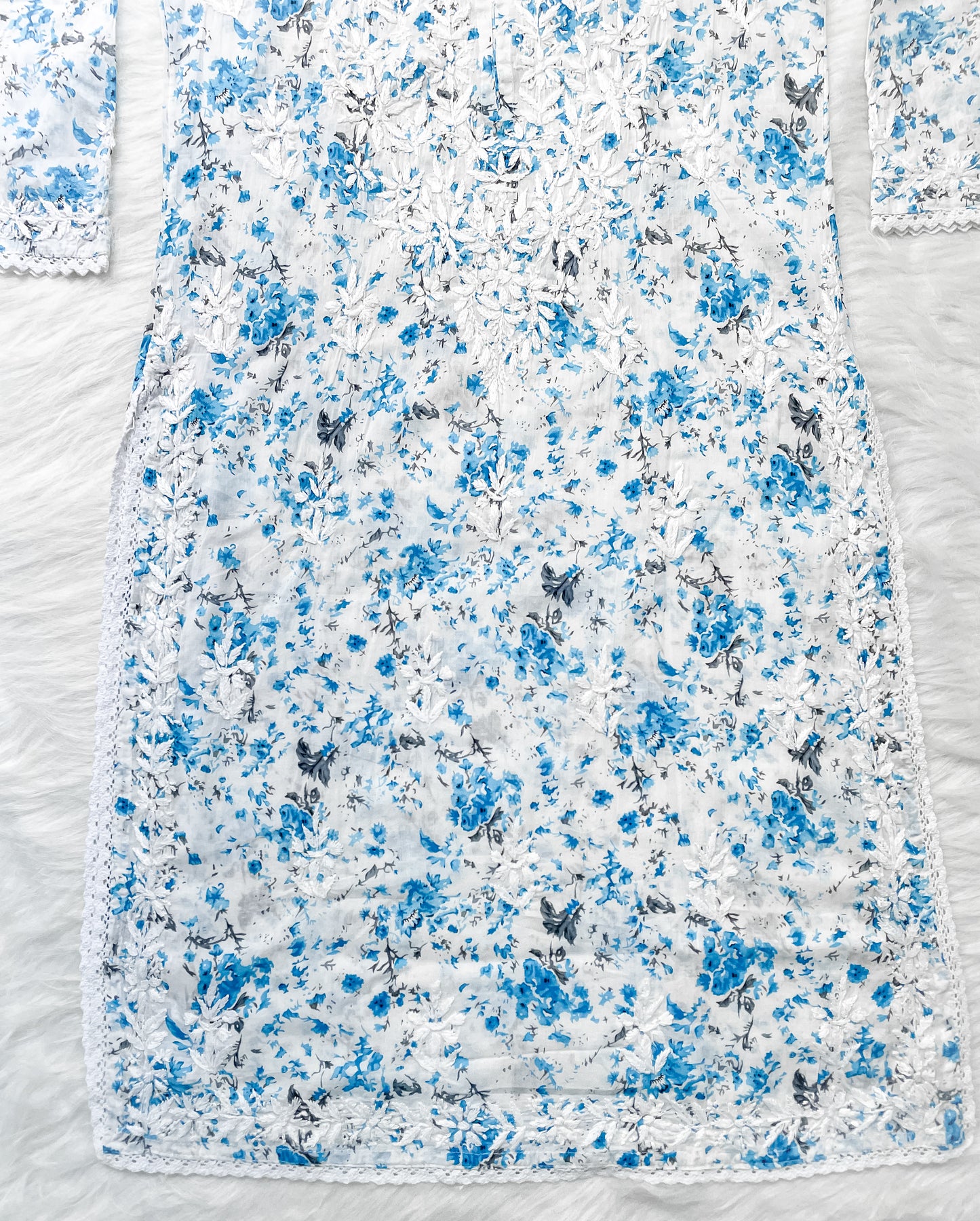 Chikankari Hand Embroidery White Base Mulmul Floral Print Kurti & Palazzo Set For Women
