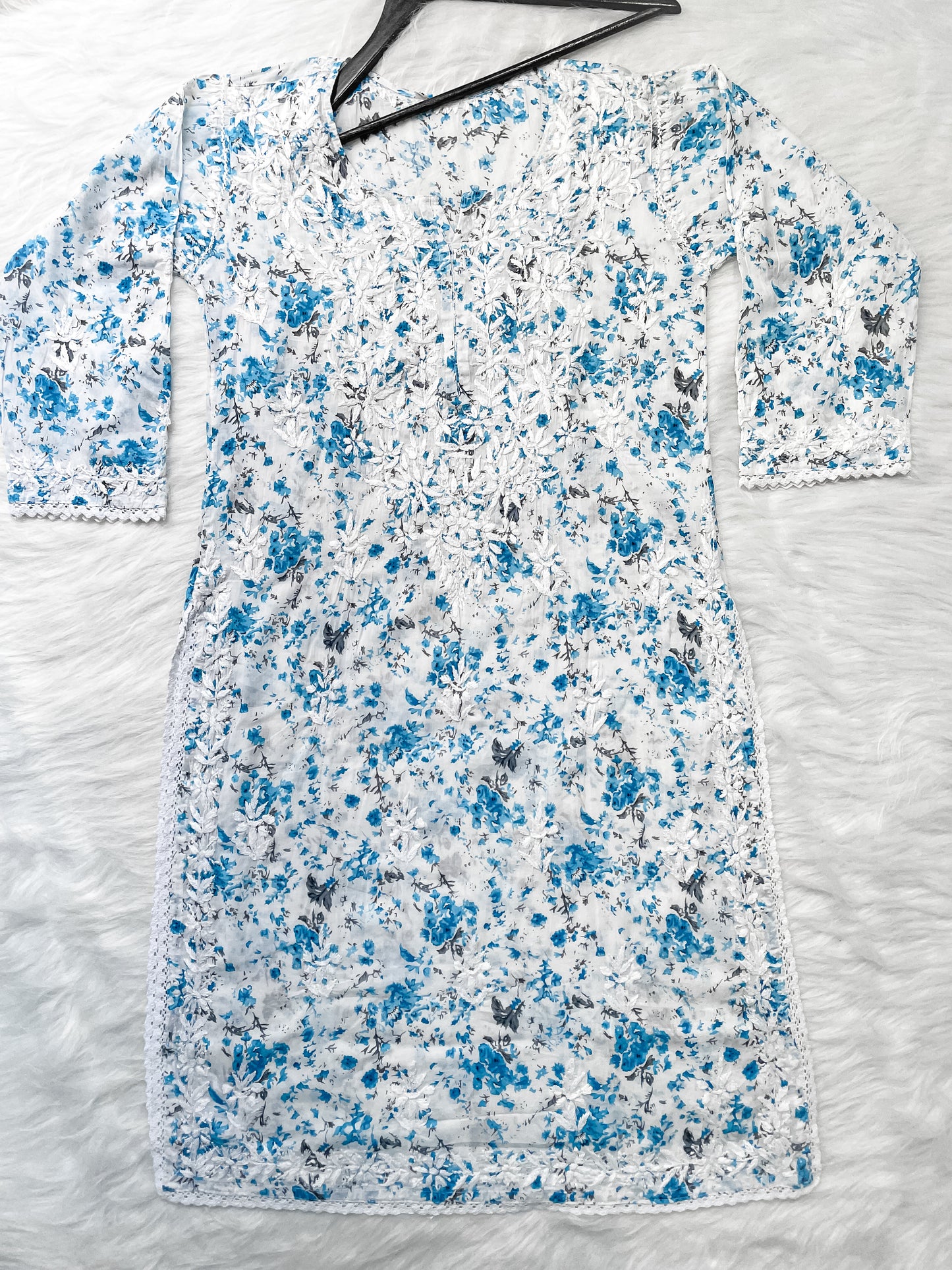 Chikankari Hand Embroidery White Base Mulmul Floral Print Kurti & Palazzo Set For Women