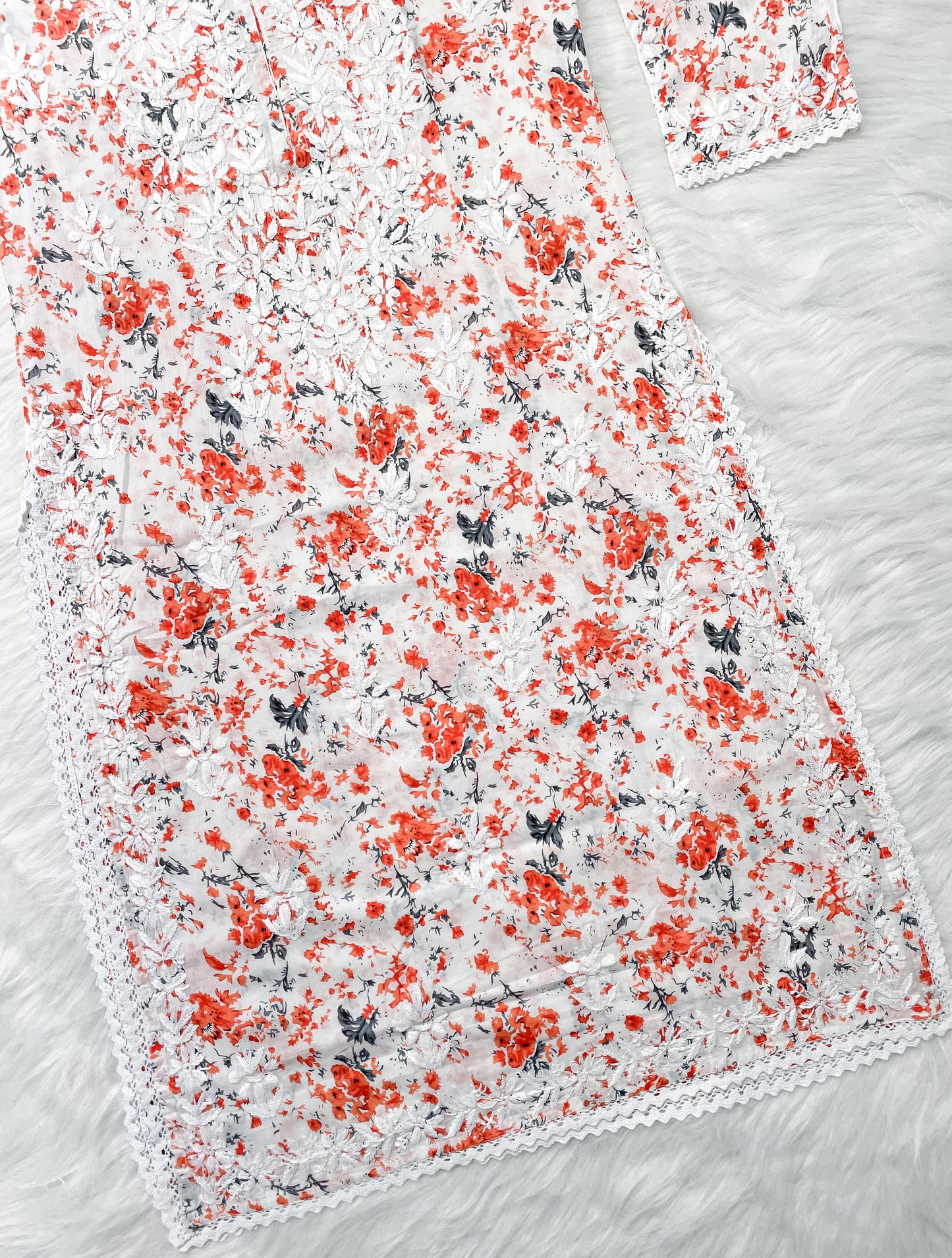 Chikankari Hand Embroidery White Base Mulmul Floral Print Kurti & Palazzo Set For Women