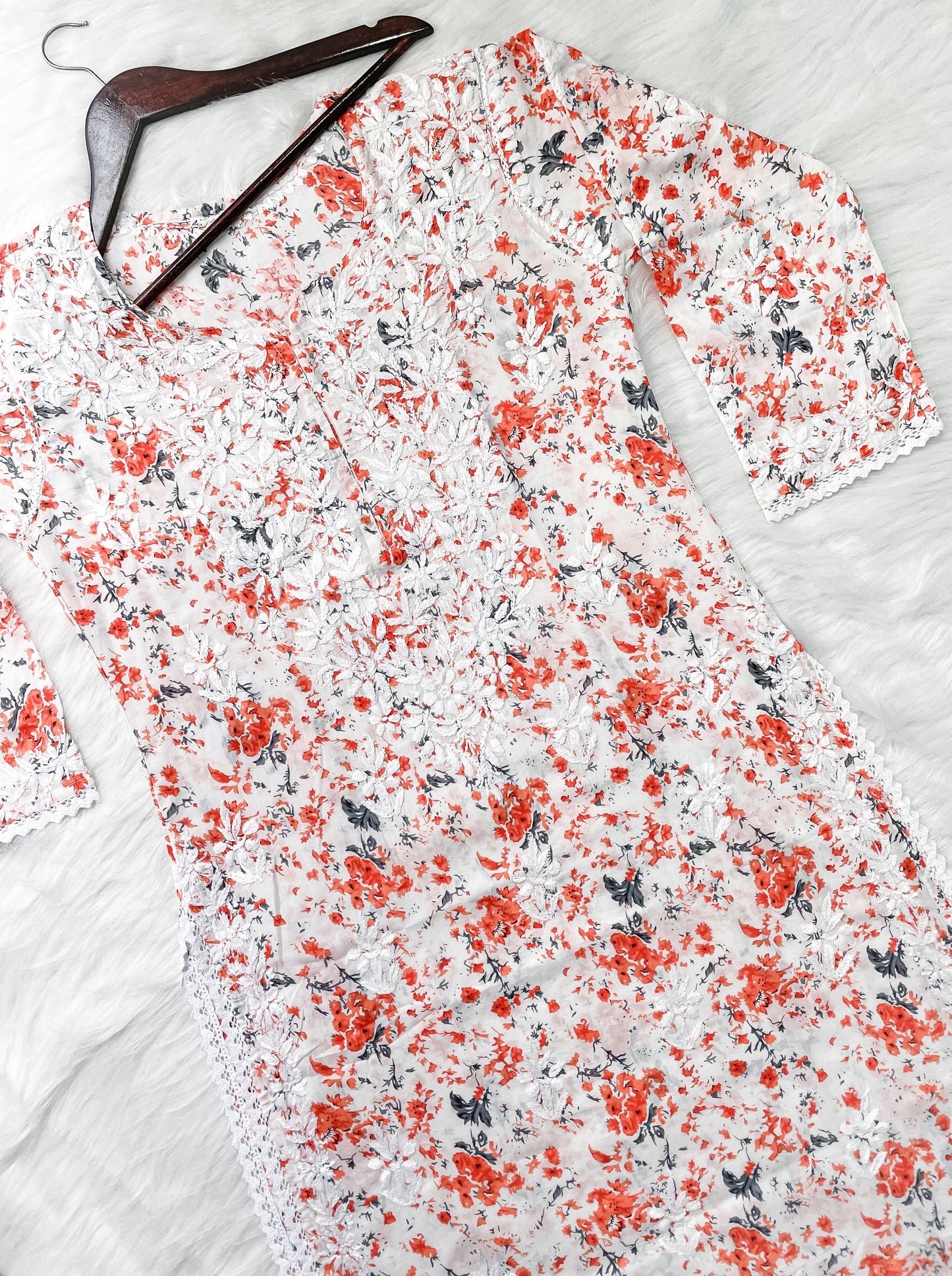 Chikankari Hand Embroidery White Base Mulmul Floral Print Kurti & Palazzo Set For Women
