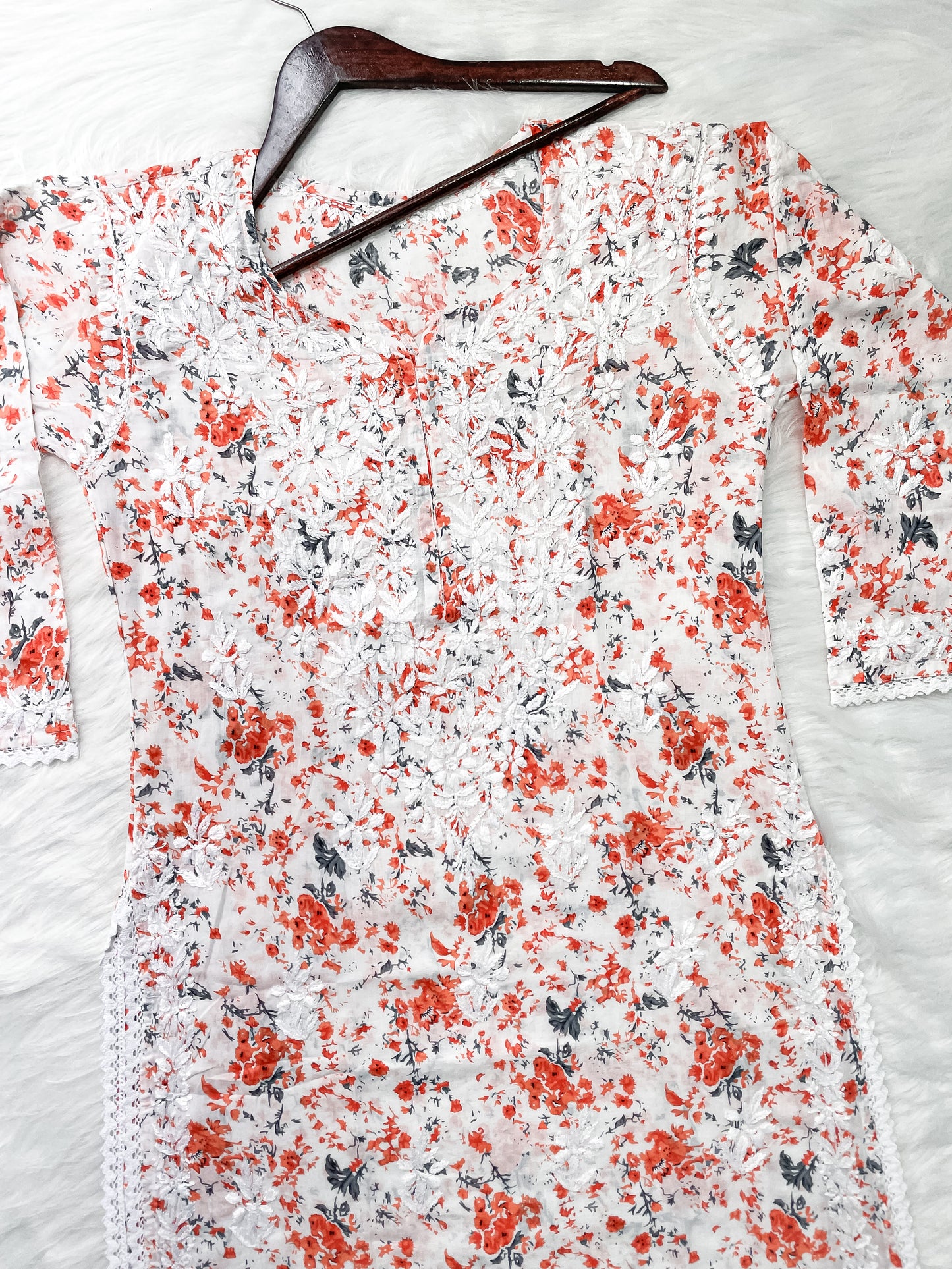 Chikankari Hand Embroidery White Base Mulmul Floral Print Kurti & Palazzo Set For Women
