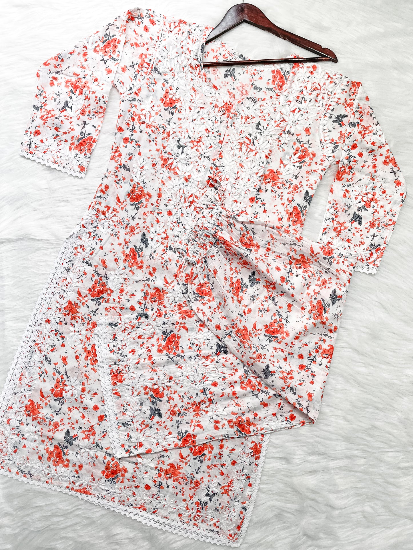 Chikankari Hand Embroidery White Base Mulmul Floral Print Kurti & Palazzo Set For Women