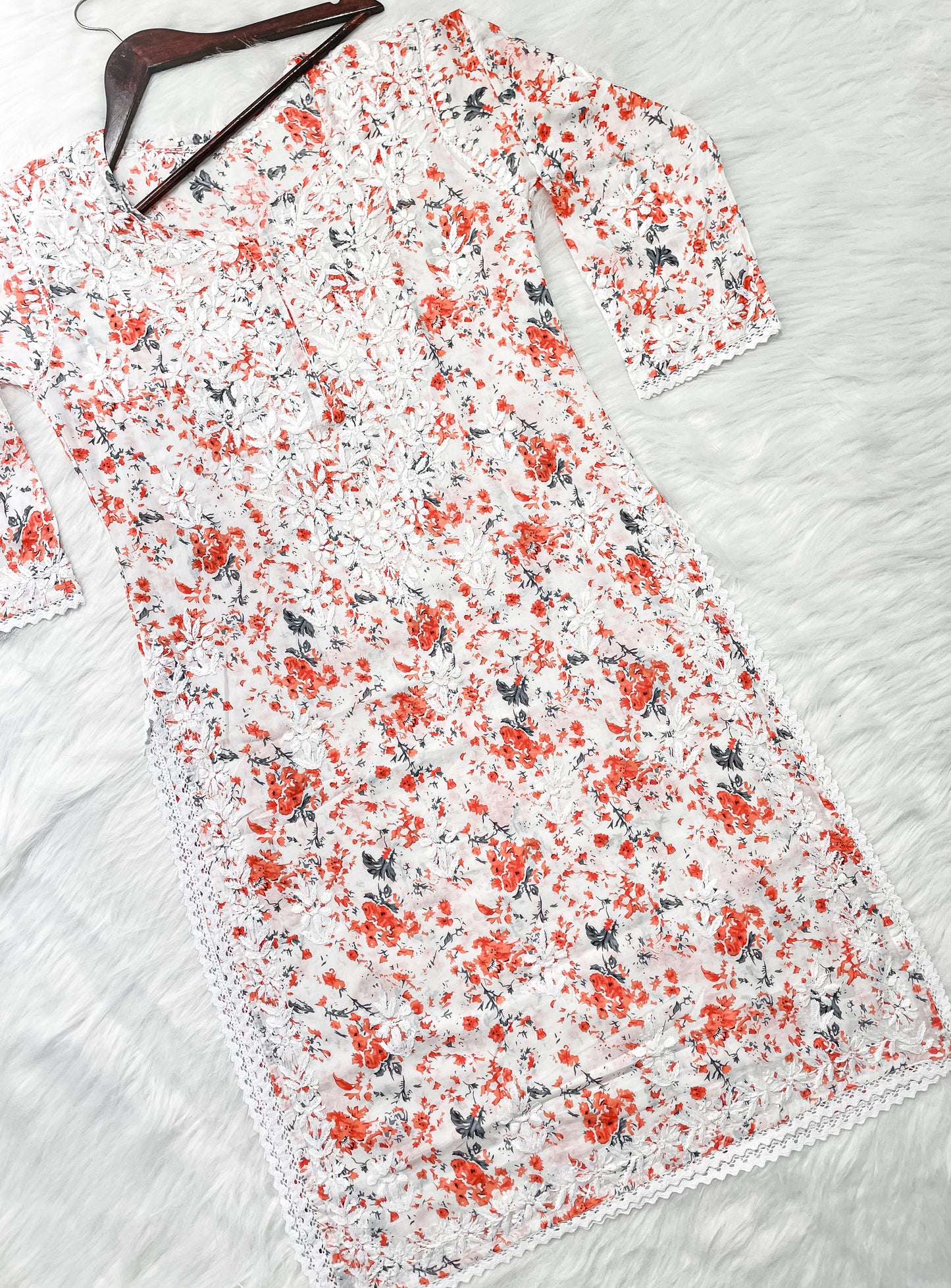 Chikankari Hand Embroidery White Base Mulmul Floral Print Kurti & Palazzo Set For Women