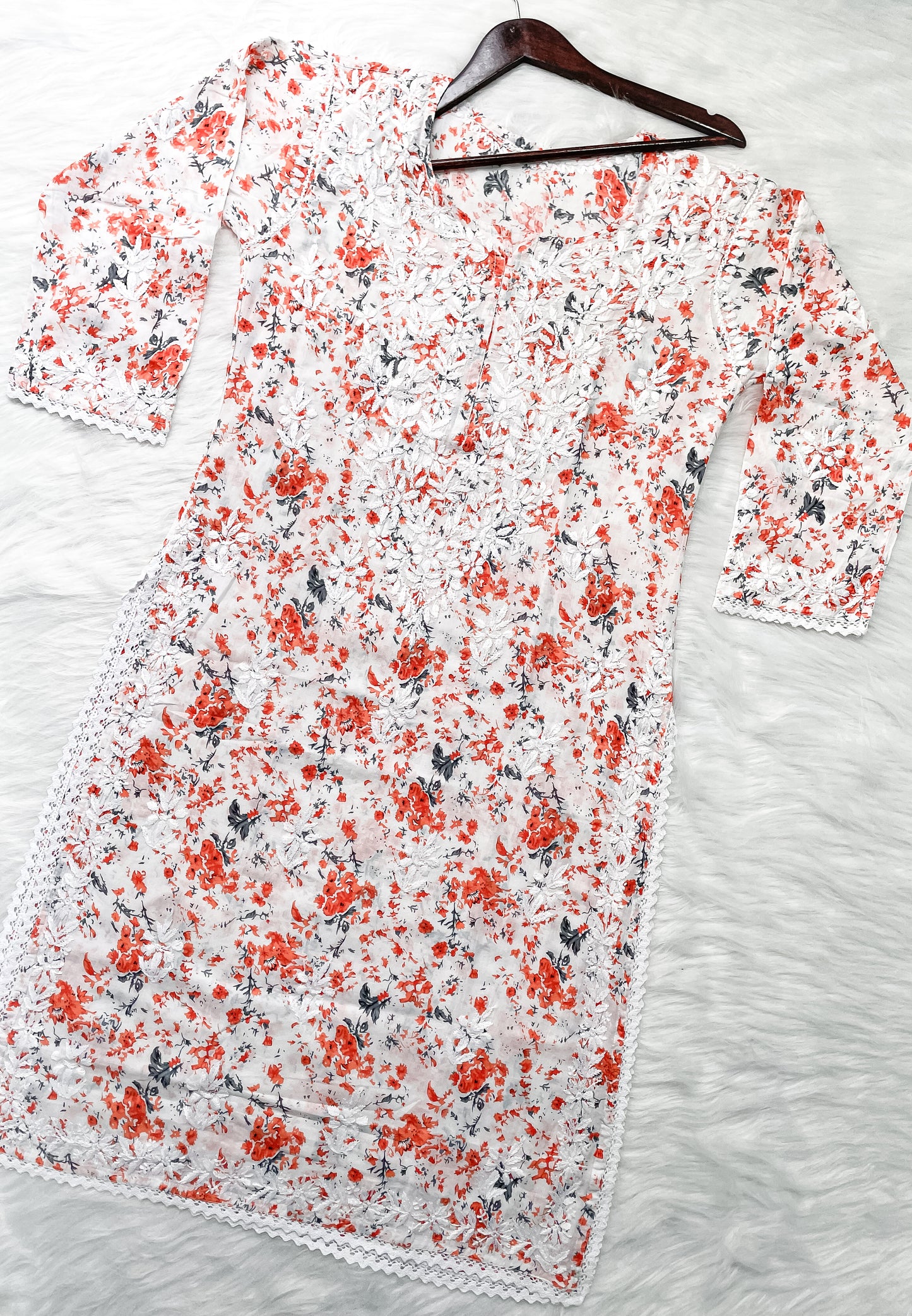Chikankari Hand Embroidery White Base Mulmul Floral Print Kurti & Palazzo Set For Women