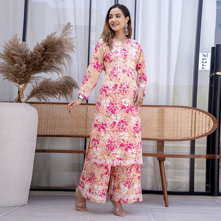 Women's Lucknowi Chikankari Handwork Mulmul Print Kurti & Palazzo Set