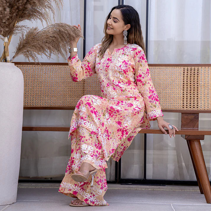 Women's Lucknowi Chikankari Handwork Mulmul Print Kurti & Palazzo Set
