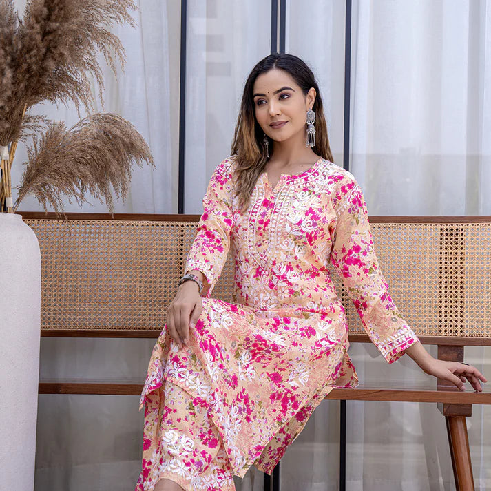 Women's Lucknowi Chikankari Handwork Mulmul Print Kurti & Palazzo Set