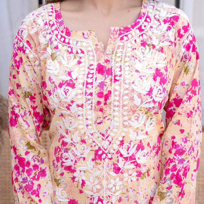 Women's Lucknowi Chikankari Handwork Mulmul Print Kurti & Palazzo Set