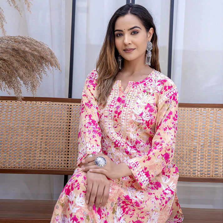 Women's Lucknowi Chikankari Handwork Mulmul Print Kurti & Palazzo Set
