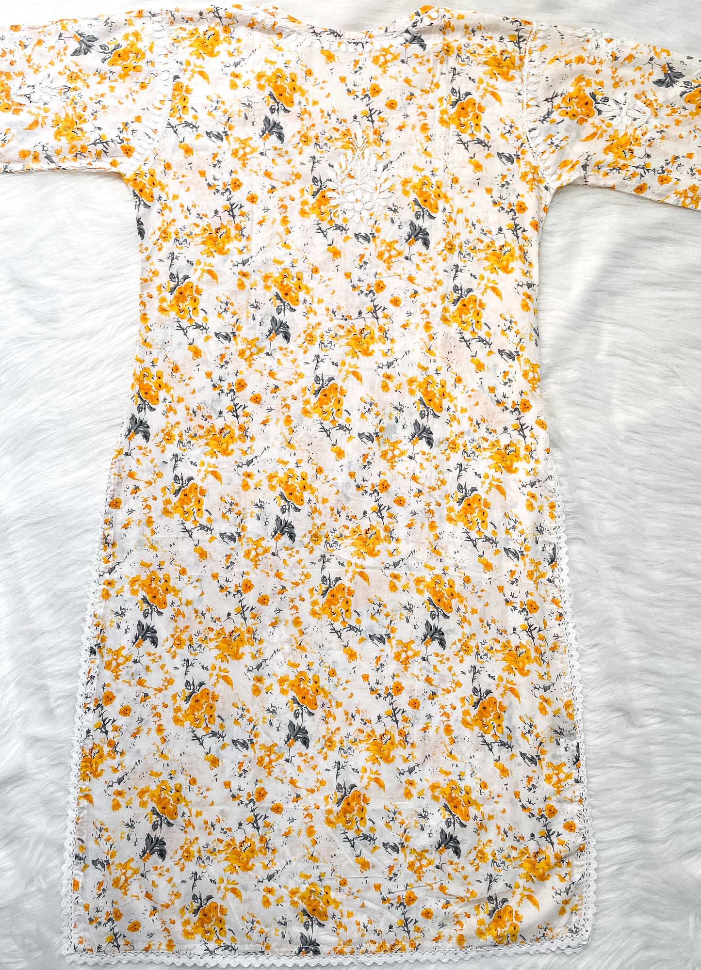 Chikankari Hand Embroidery White Base Mulmul Floral Print Kurti & Palazzo Set For Women